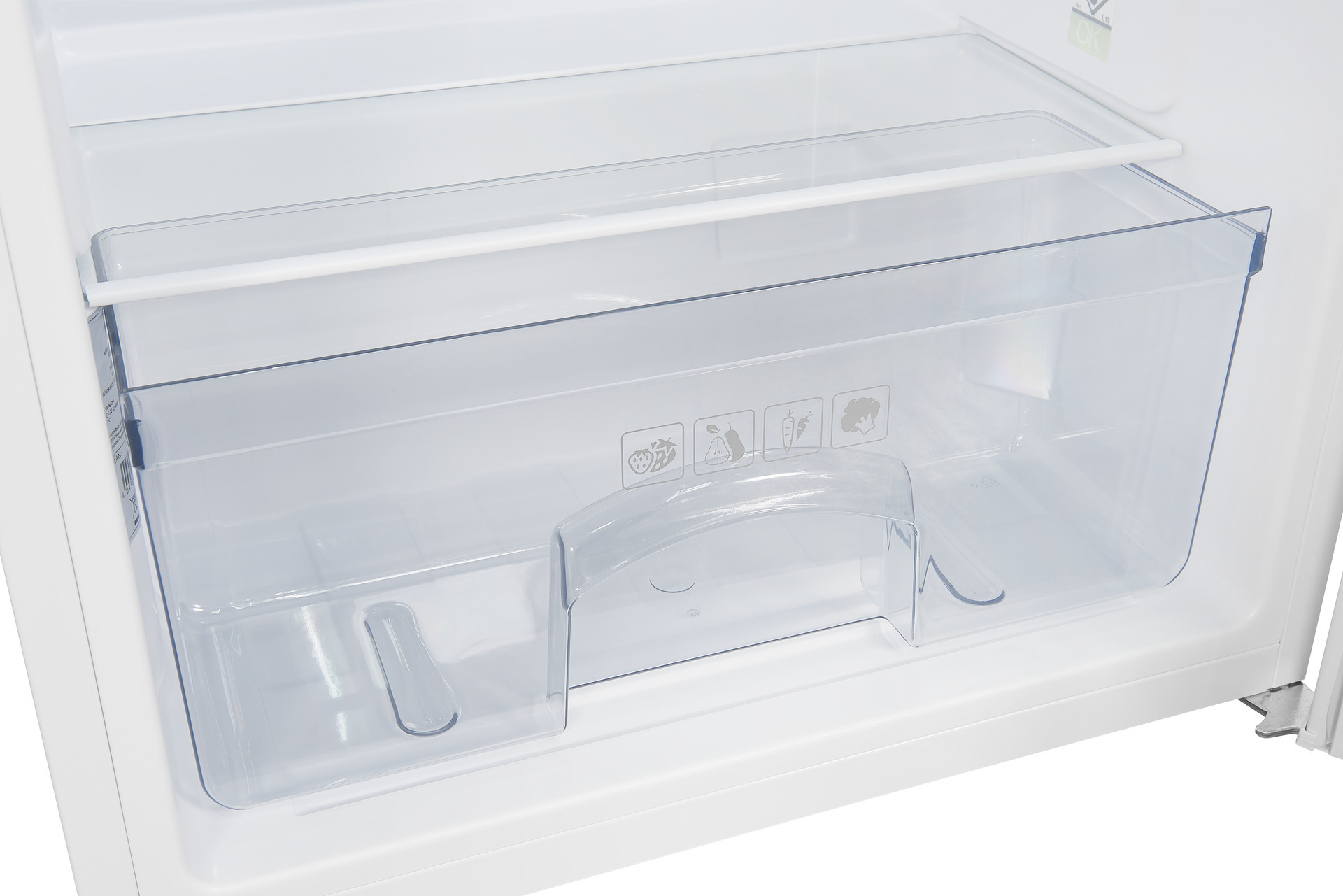 In einem Kühlschrank ist eine transparente Plastikschublade zu sehen. Sie hat einen gebogenen Griff und Obst- und Gemüse-Symbole.