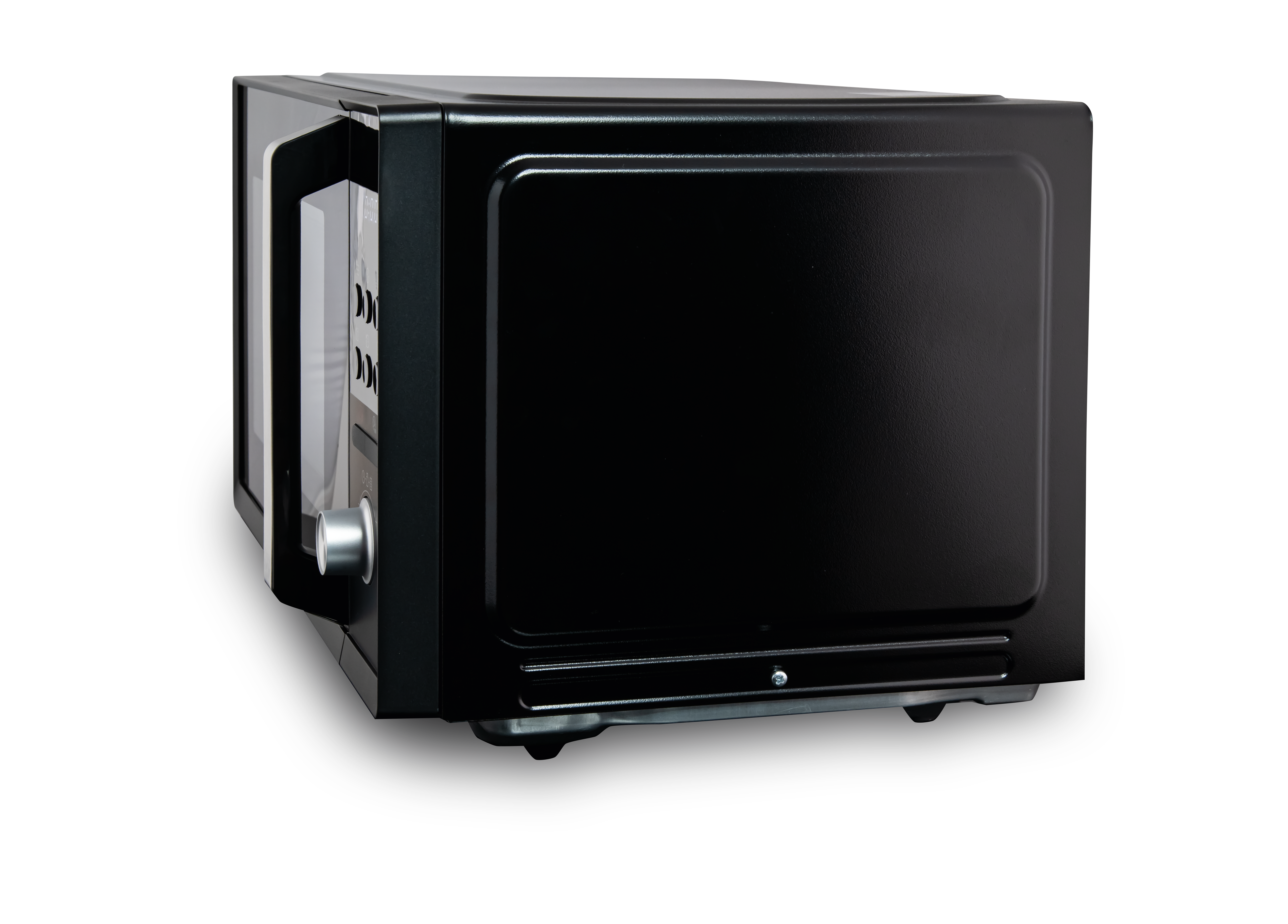 Czarna kuchenka mikrofalowa na białym tle. Drzwi są otwarte. Pokrętło jest widoczne z boku.