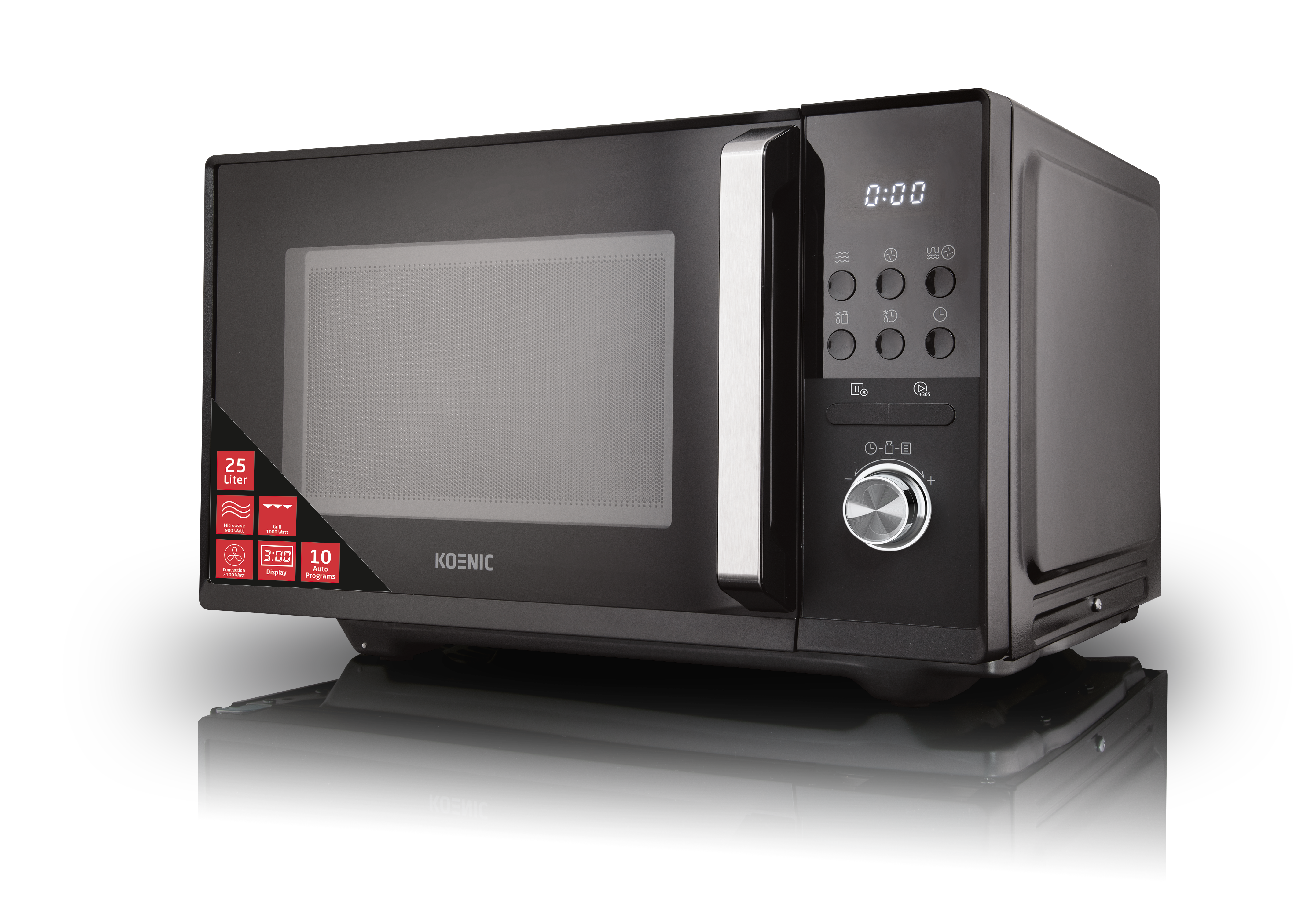 Czarna kuchenka mikrofalowa z cyfrowym wyświetlaczem, przyciskami i pokrętłem. Ma szklane drzwi i czerwone etykiety z tekstem.