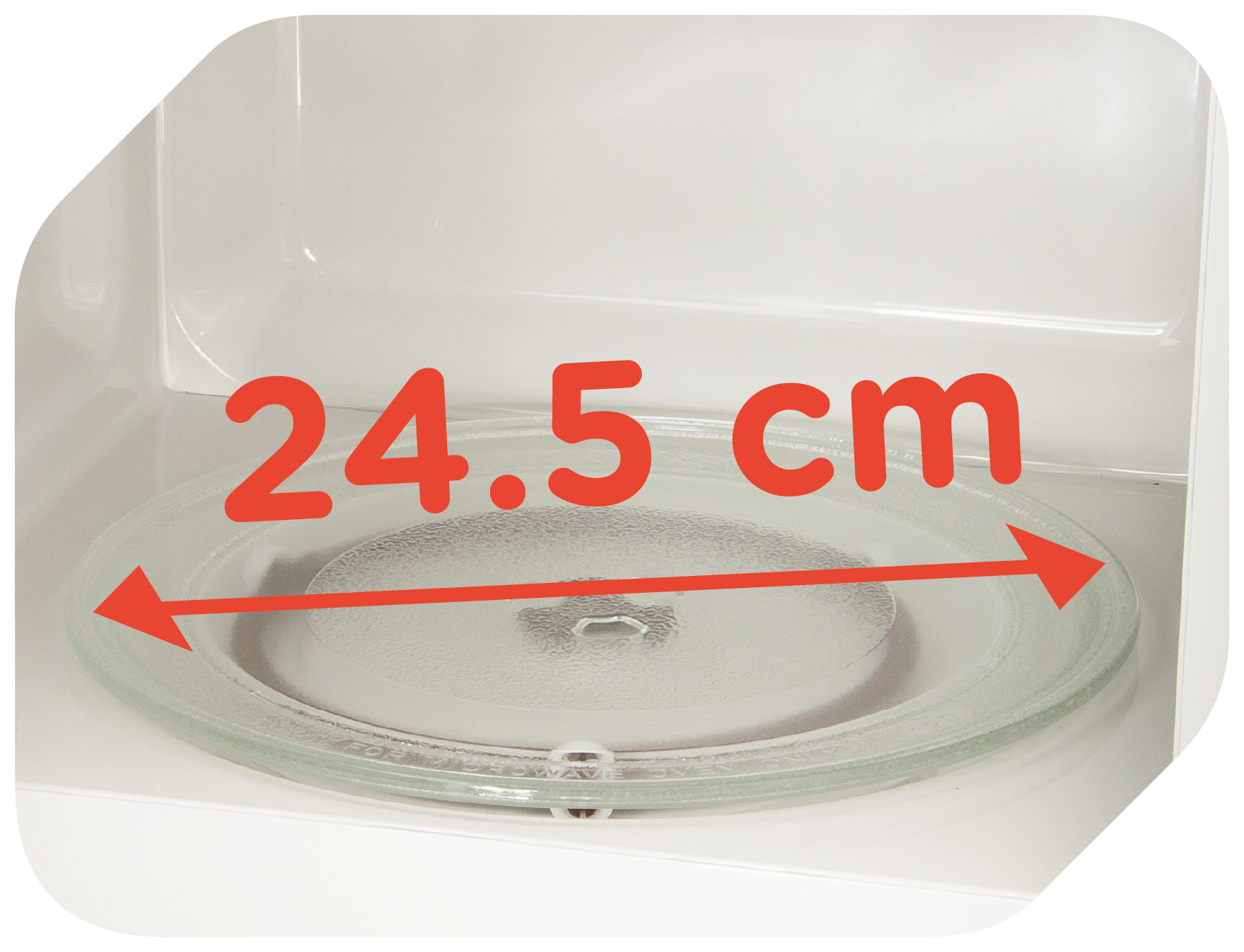 In einer Mikrowelle wird ein Glasteller mit einem roten Pfeil gemessen, der 24,5 cm anzeigt. Die Mikrowelle ist weiß.