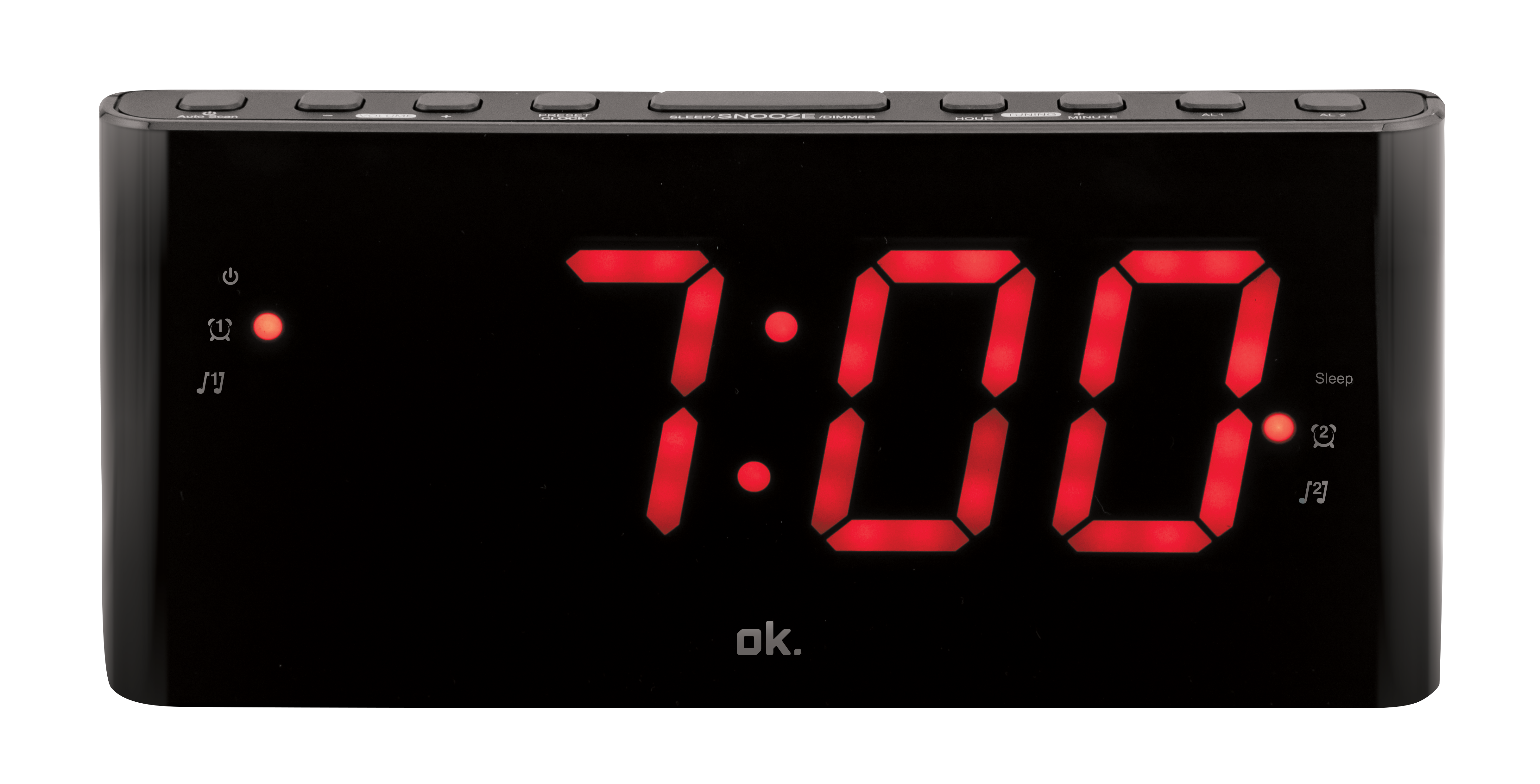 Ein schwarzer digitaler Wecker zeigt 7:00 in roten LED-Ziffern an. Über dem Display befinden sich Knöpfe.