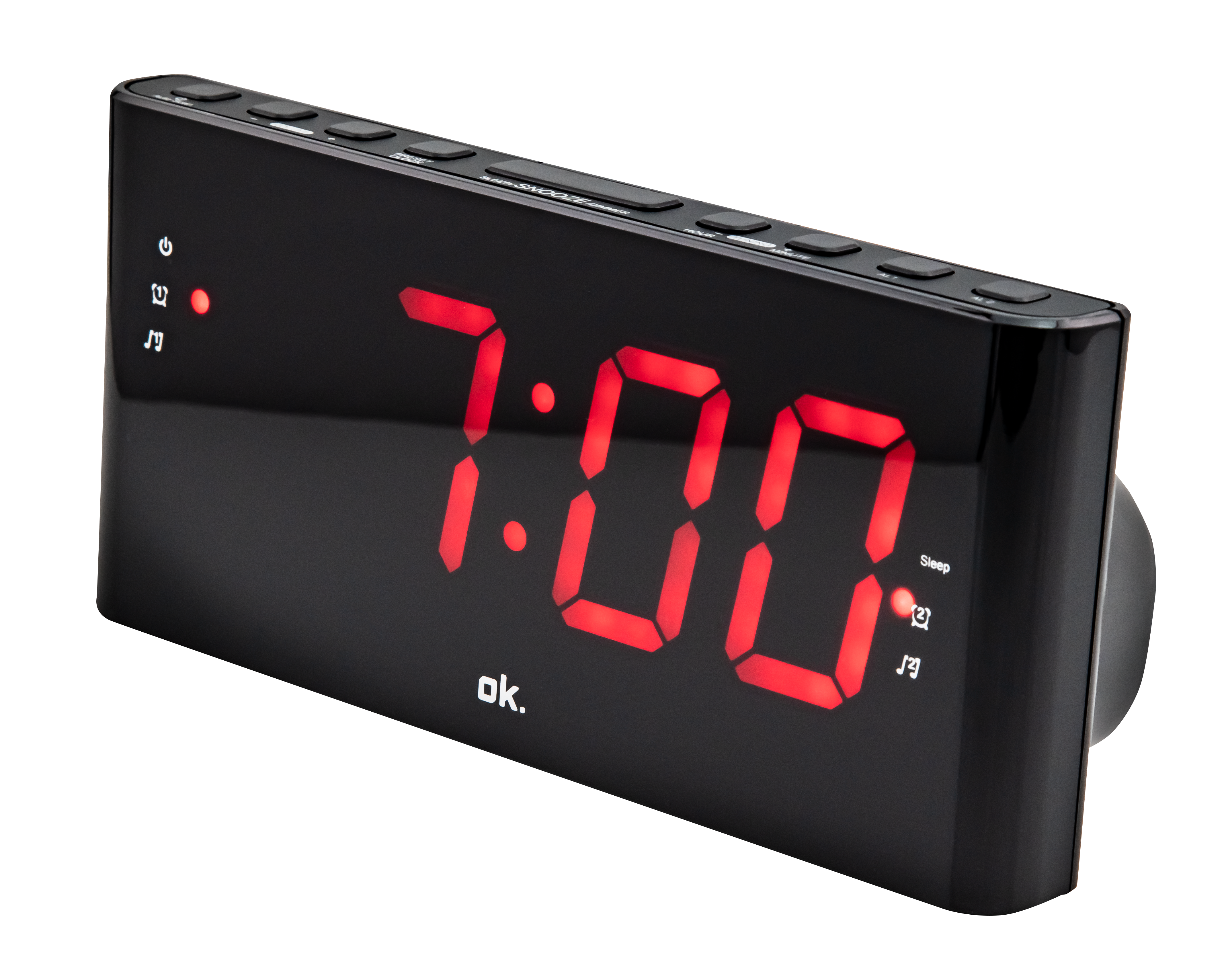 Ein schwarzer digitaler Wecker, der 7:00 in Rot anzeigt. Er hat Tasten oben und Musiksymbole an der Seite.