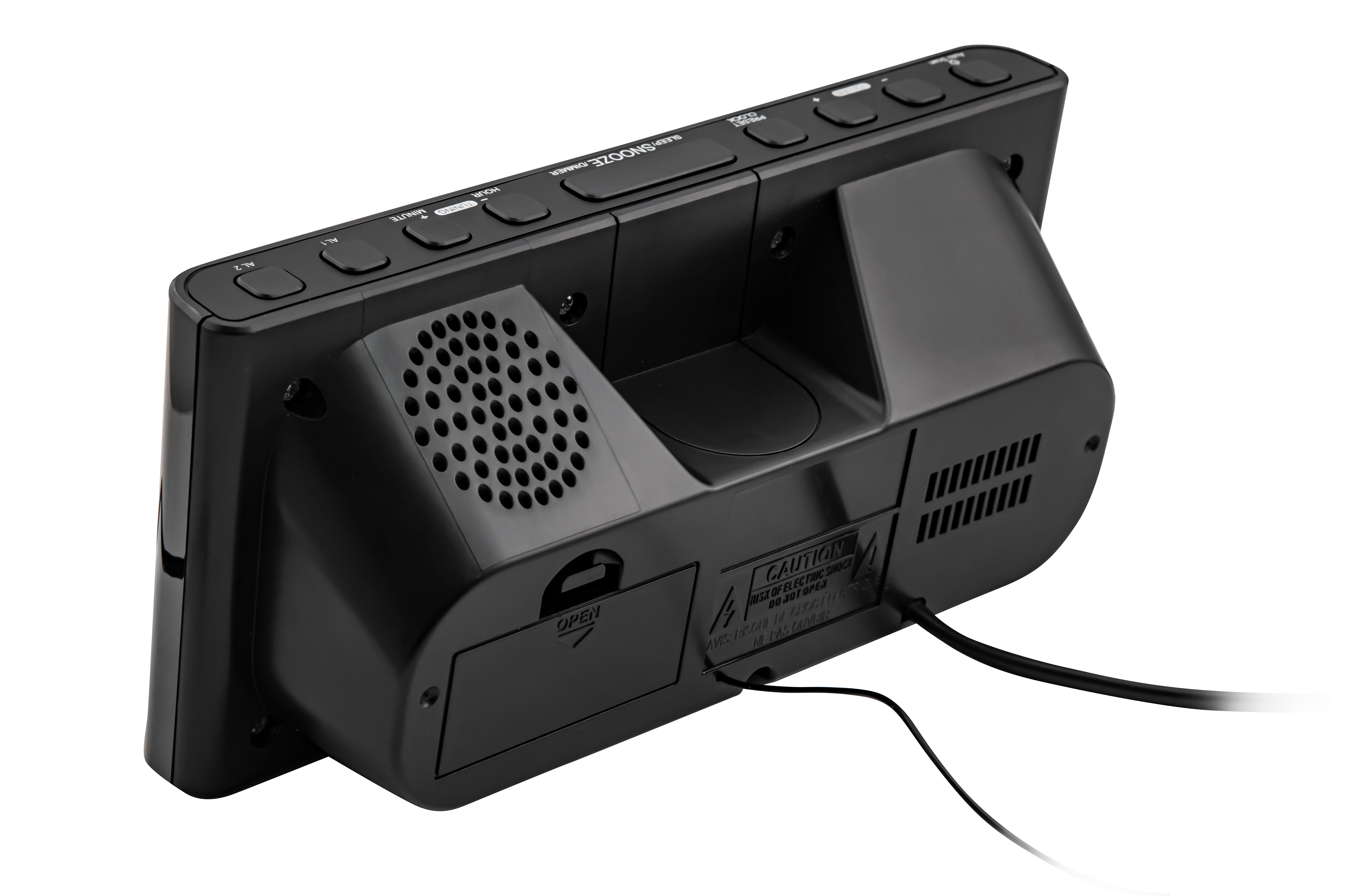 Schwarzer digitaler Wecker, schräge Ansicht. Knöpfe oben und seitlich. Lautsprecher und Batteriefach auf der Rückseite.
