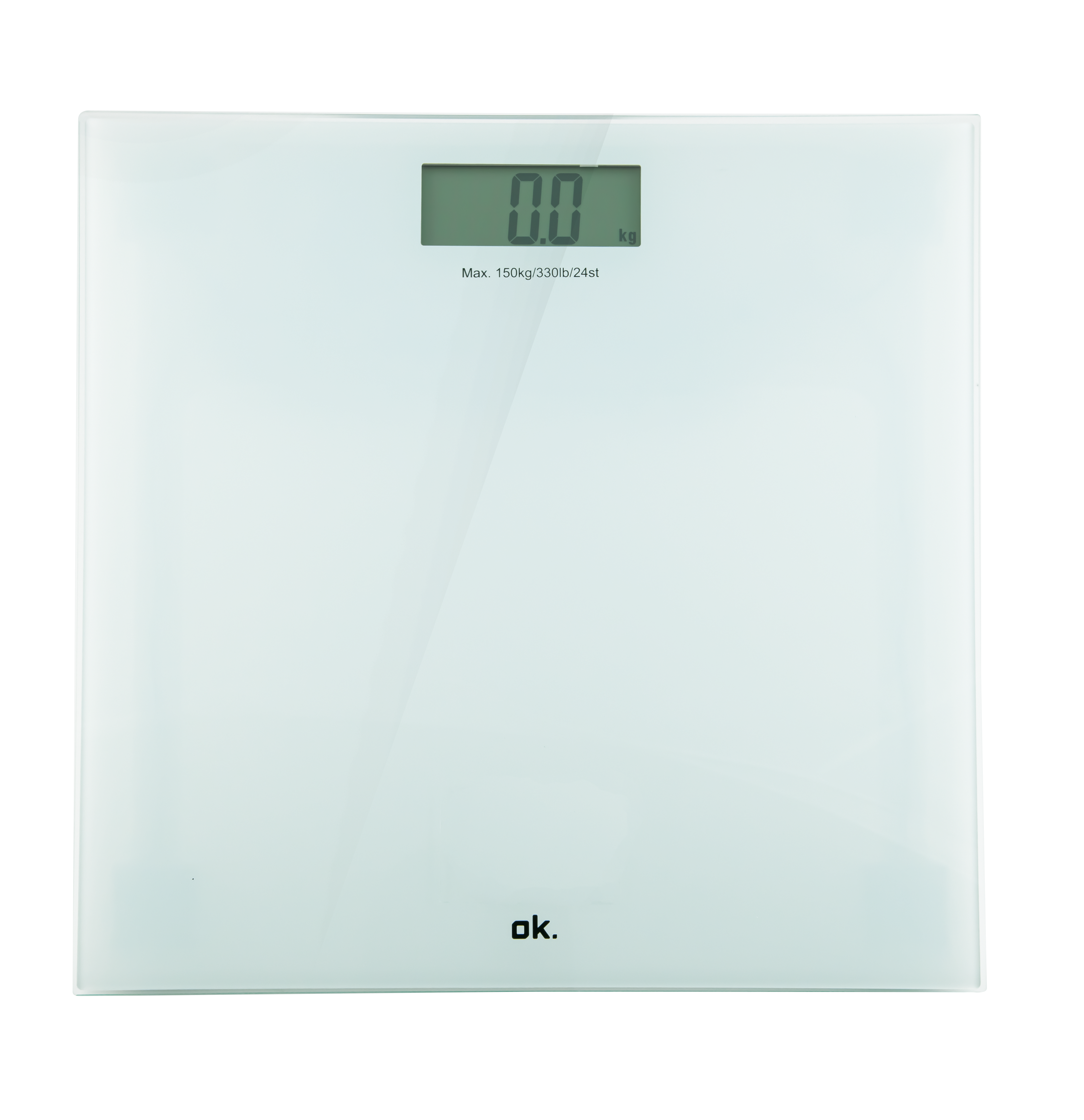 Biała cyfrowa waga łazienkowa pokazuje 0,0 kg. Marka 'ok.' jest widoczna na dole. Maks. waga 150kg/330lb/24st.