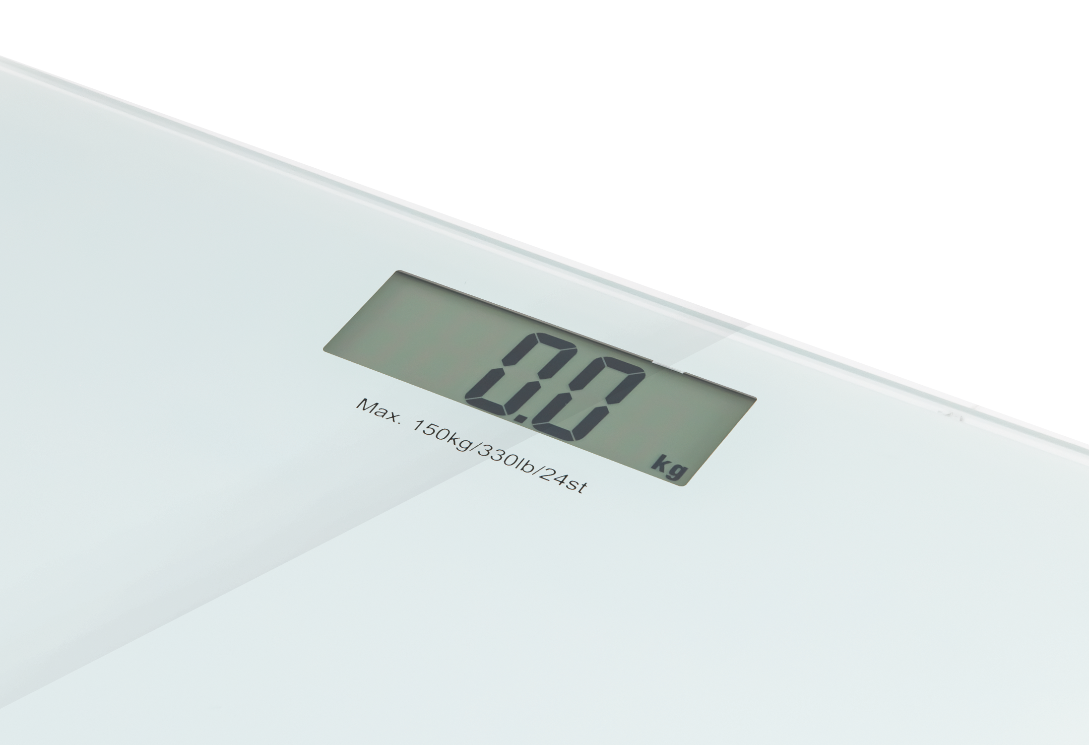 Waga cyfrowa pokazująca '0,0 kg'. Na białej powierzchni. Max. waga: 150 kg/330lb/24st.