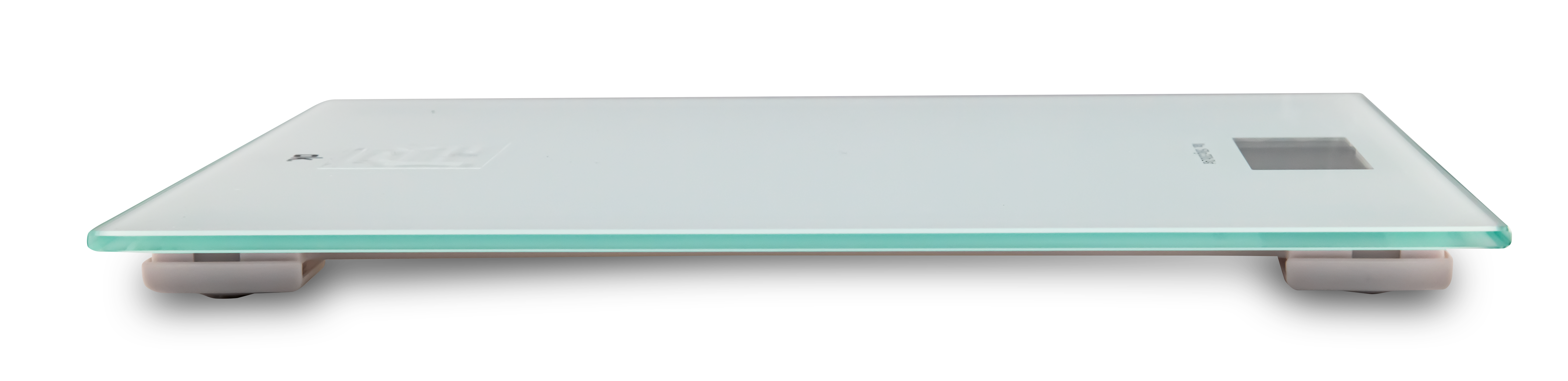 Cyfrowa waga łazienkowa. To szklana powierzchnia z cyfrowym wyświetlaczem i białymi nóżkami. Tło to gradient.