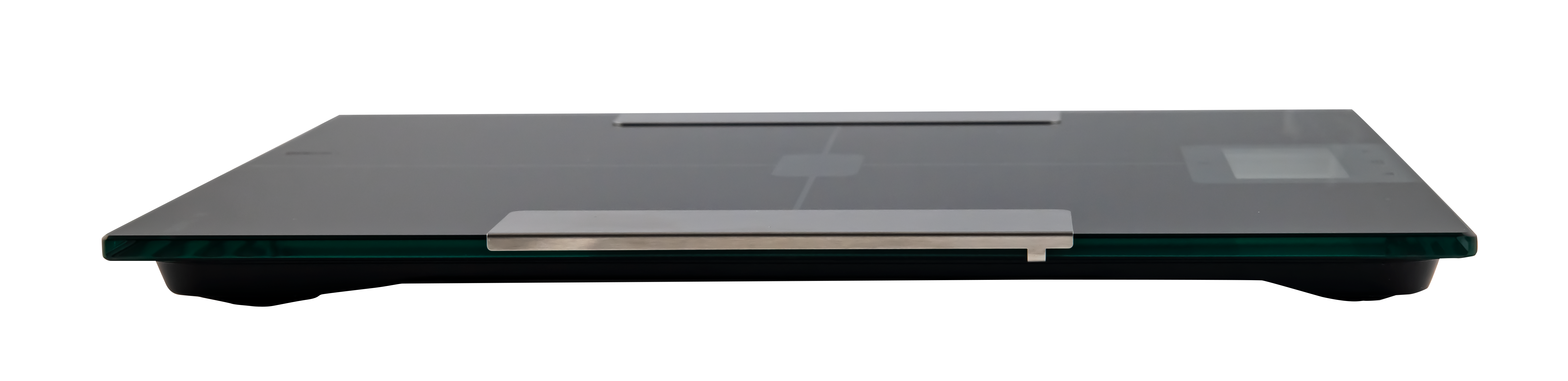 Czarna waga cyfrowa ze szklaną powierzchnią i srebrnymi akcentami na białej powierzchni.