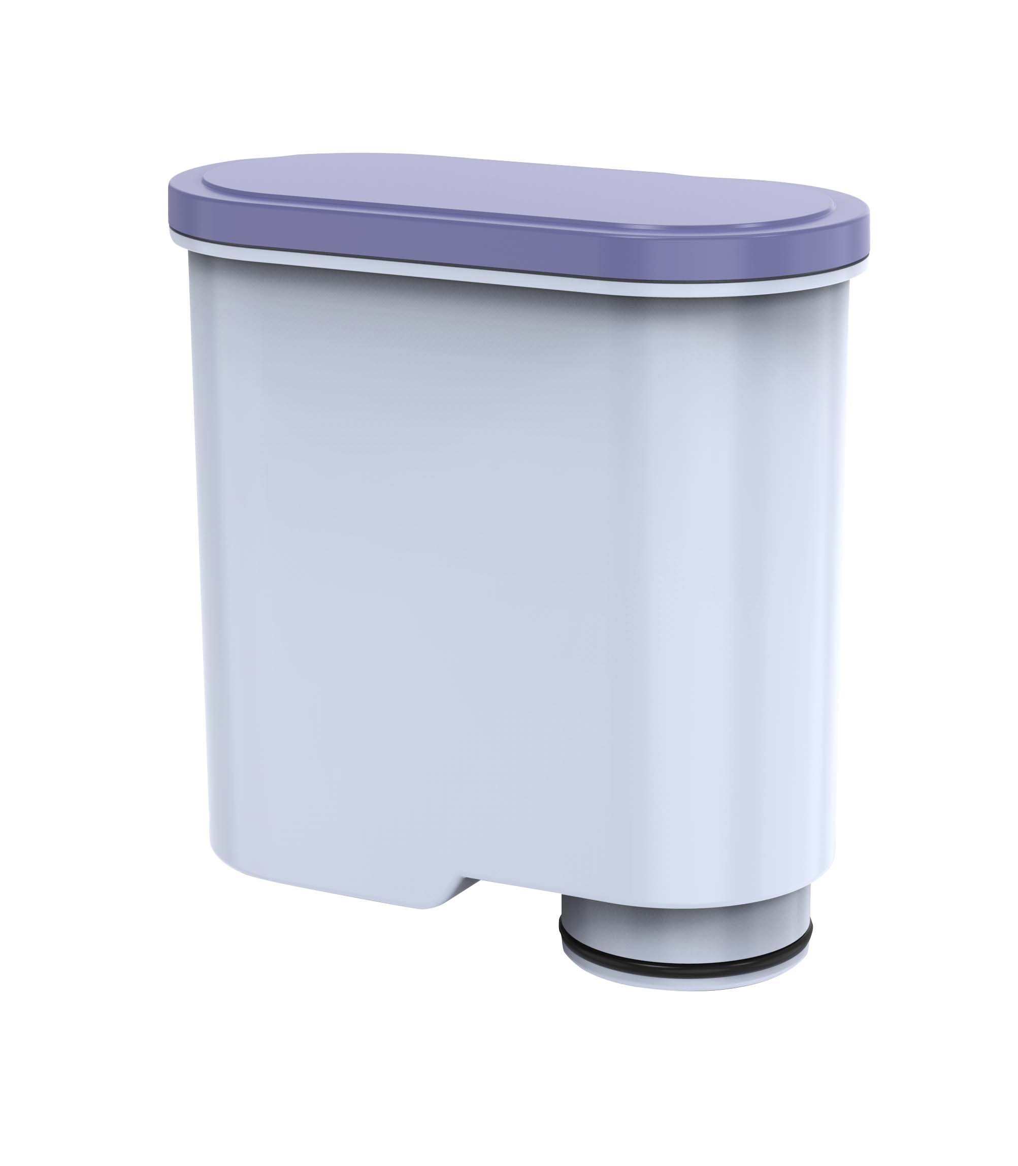 Ein weißer Wasserfilter mit violettem Deckel. Der Boden hat einen schwarzen Ring. Der Hintergrund ist weiß.