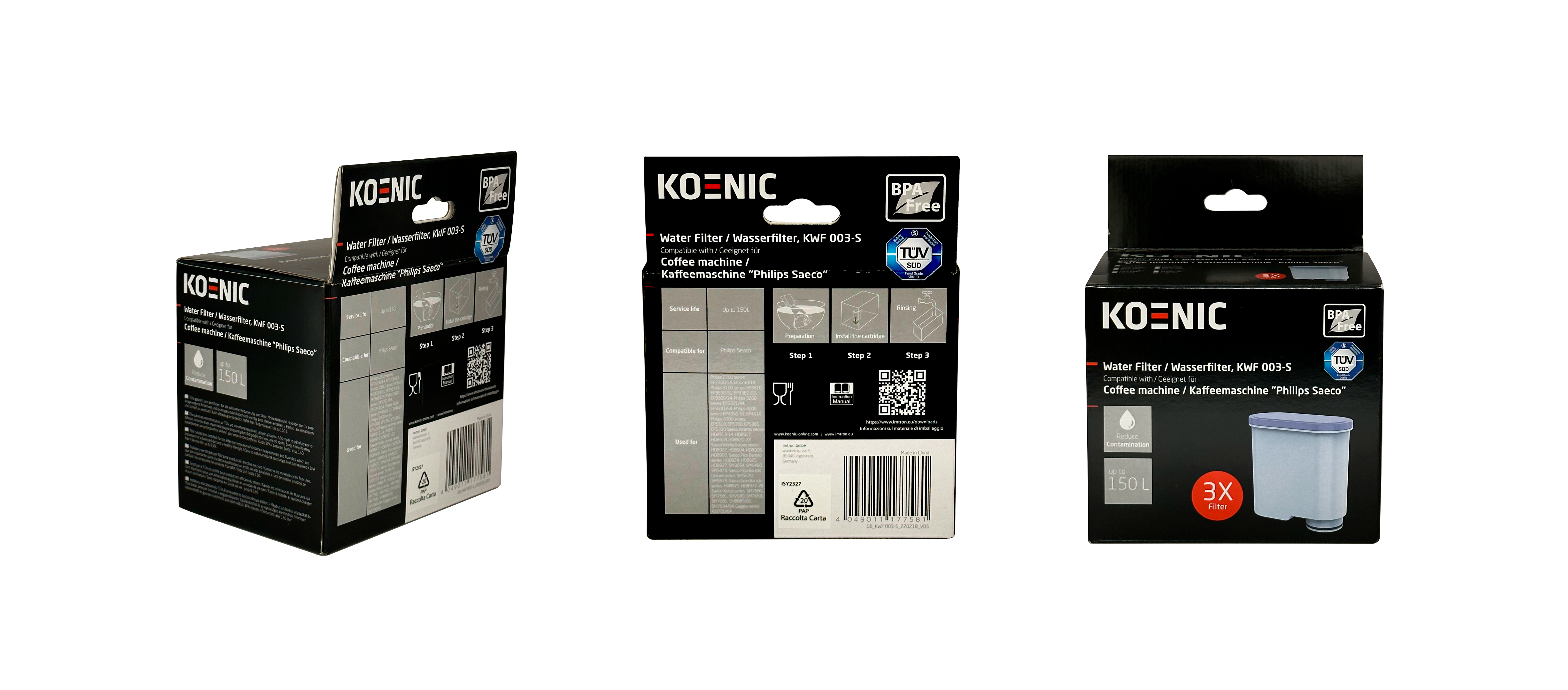 Drei Schachteln Wasserfilter für Kaffeemaschinen mit Produktdetails und Logos darauf gedruckt.