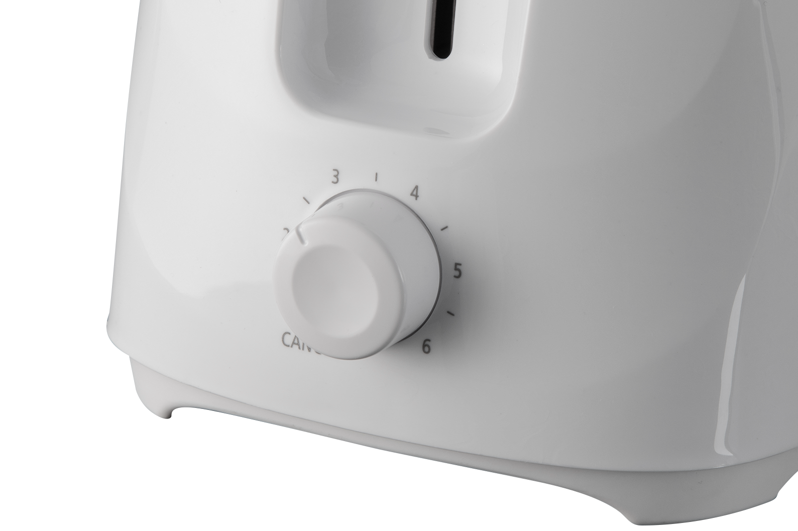 Zbliżenie białego tostera z pokrętłem z numerami 3-6 i przyciskiem 'CANCEL'. Czarne tło.