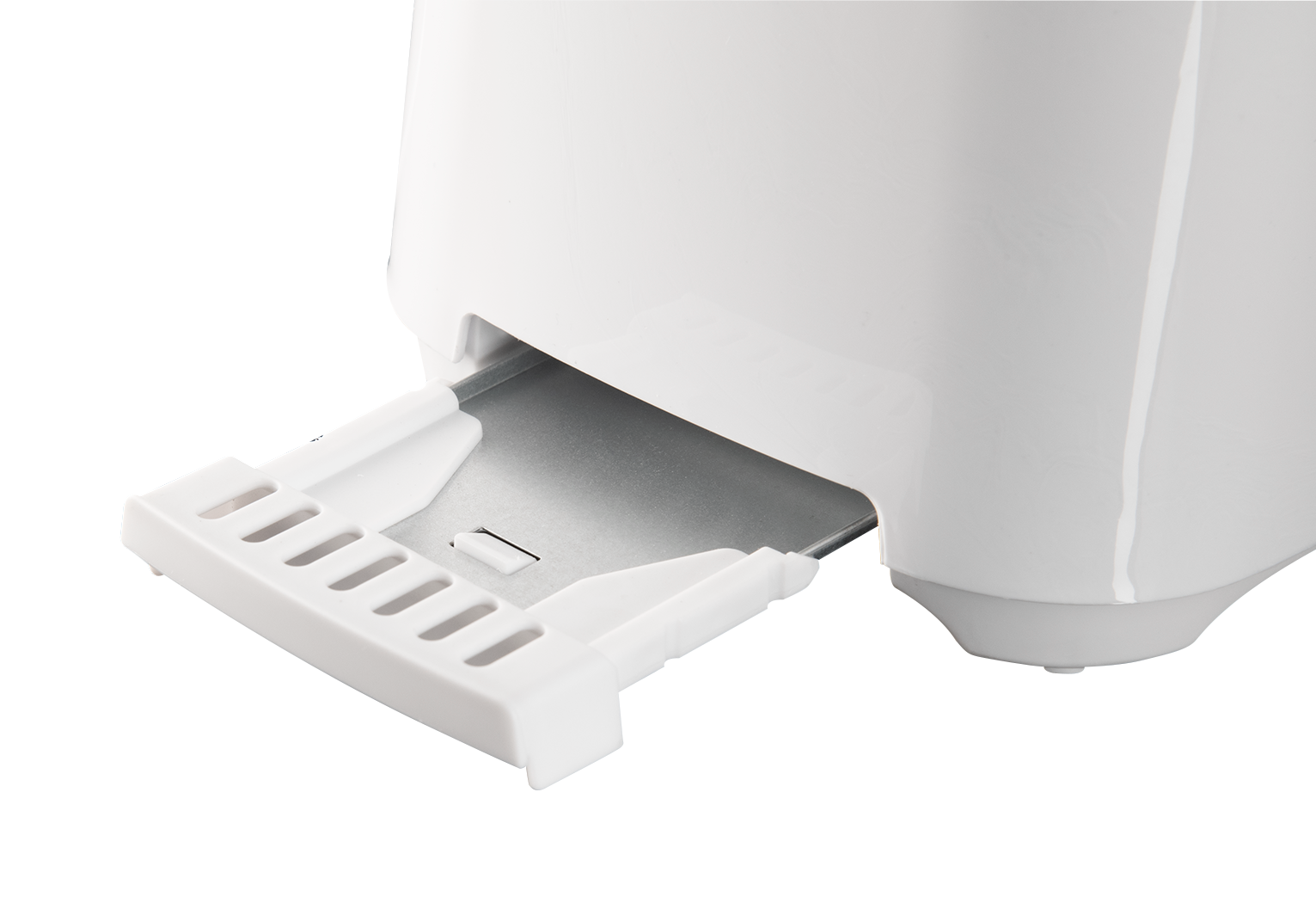 Zbliżenie białego tostera ze srebrną tacką na okruchy. Tacka jest częściowo wysunięta, na czarnej powierzchni.