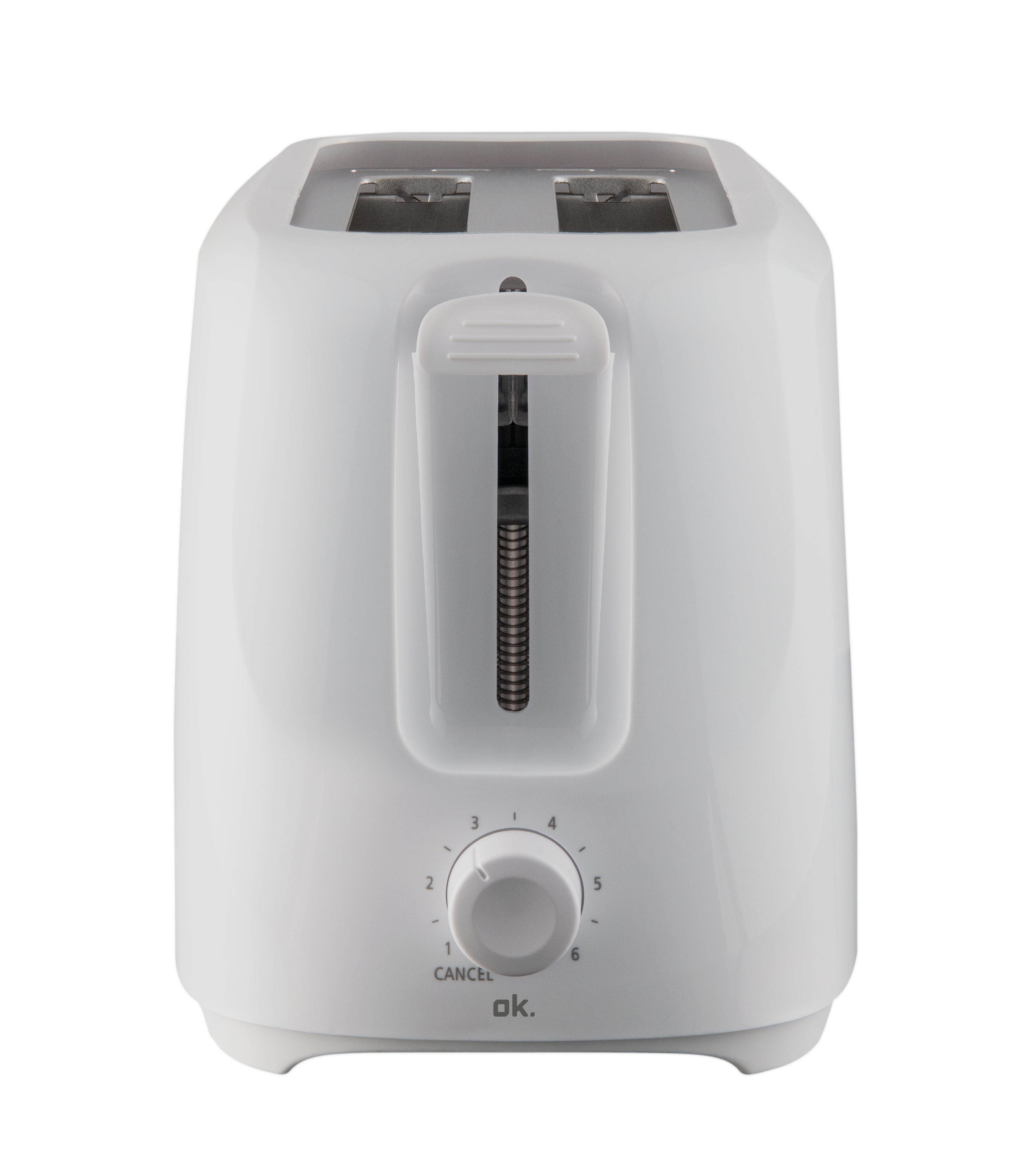 Biały toster z pokrętłem od 1 do 6. Dźwignia jest podniesiona. Widoczne słowo 'ok'.