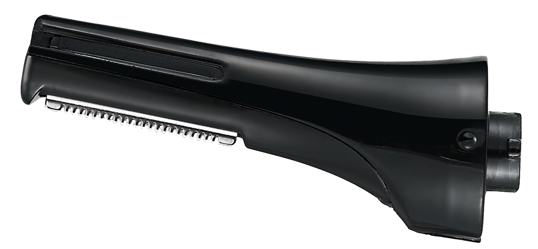 Czarna głowica golarki ze srebrnym ostrzem i zębami na białym tle. Głowica jest zakrzywiona i ma zaokrąglony koniec.