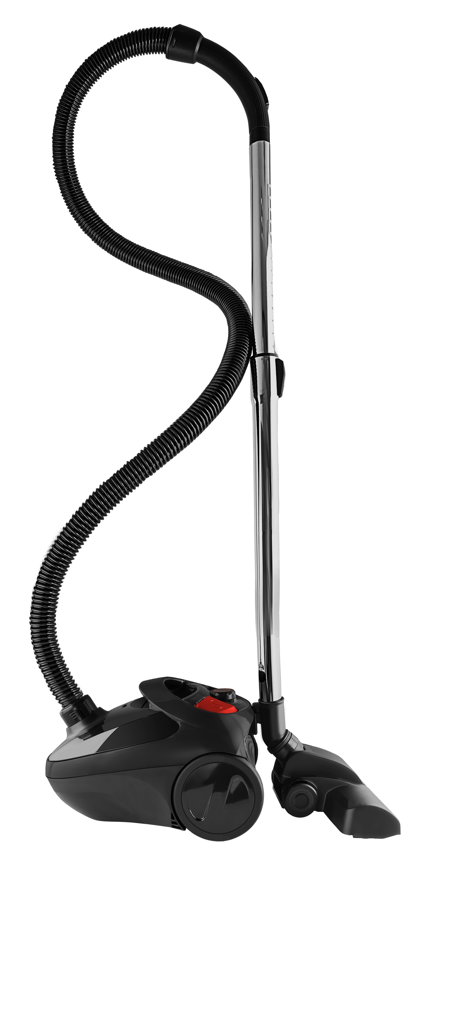 Ein schwarzer Staubsauger mit flexiblem Schlauch und Chromgriff. Roter Knopf am Gehäuse.