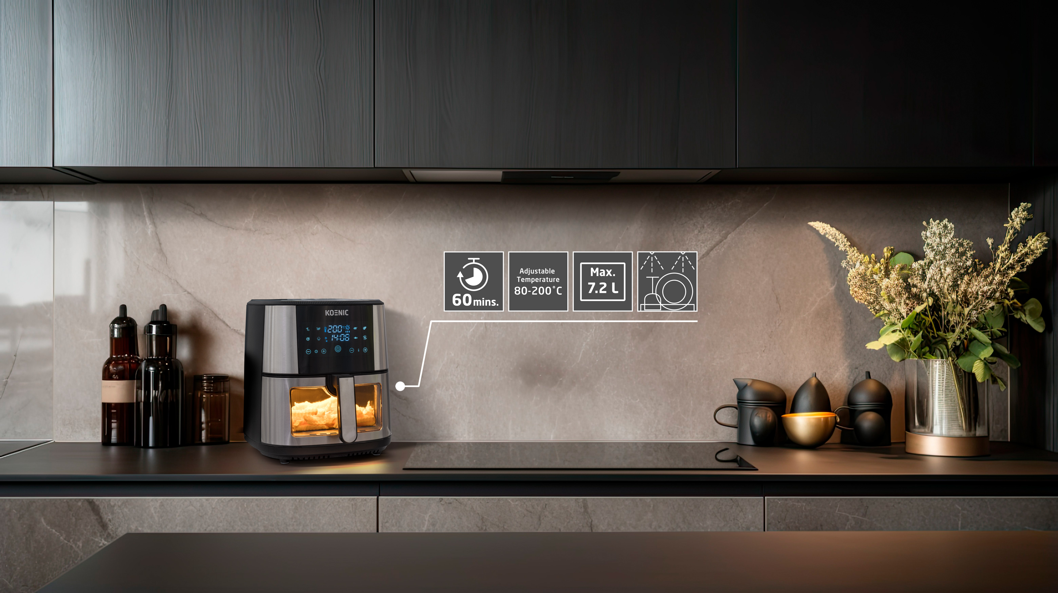 Frytkownica beztłuszczowa na blacie w kuchni. Ma wyświetlacz i ikony. Tło ma kwiaty i ciemne szafki.