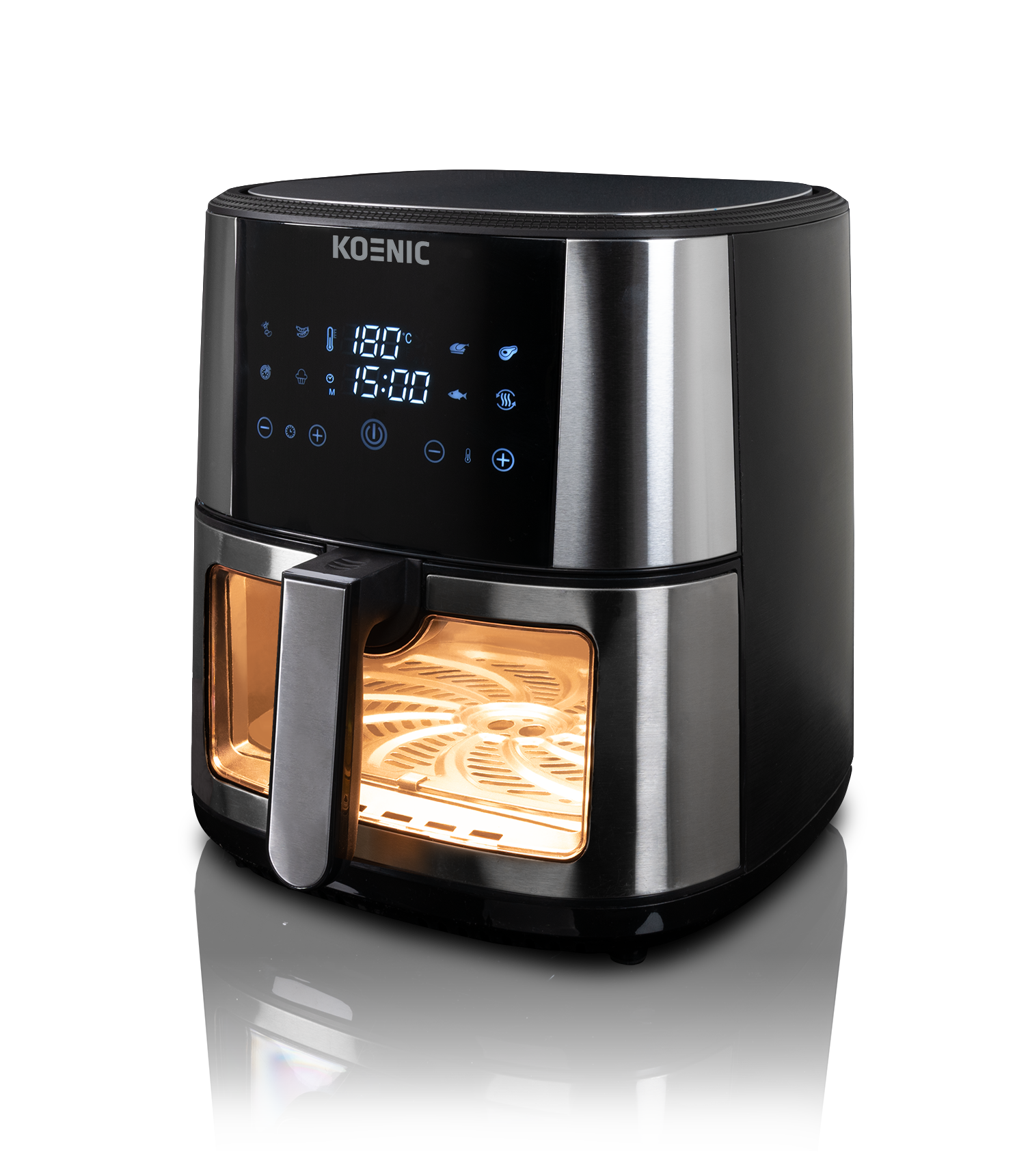 Czarna frytkownica Koenic z cyfrowym wyświetlaczem temperatury i czasu. Wnętrze podświetlone.