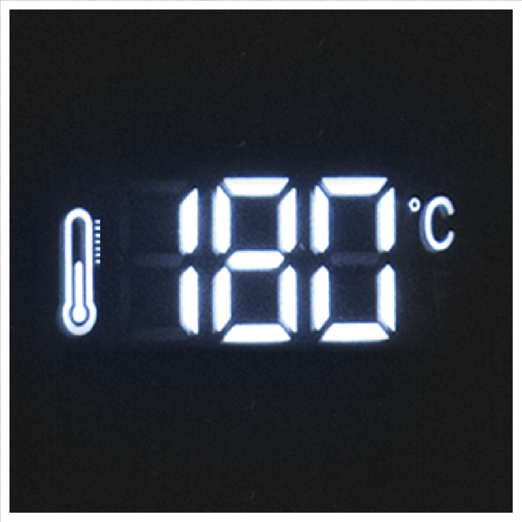 Cyfrowy wyświetlacz pokazuje 180°C. Ikona termometru po lewej. Tło jest czarne.