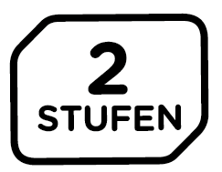 Biała tablica z czarną obwódką. Wyświetla liczbę 2 nad słowem STUFEN w kolorze czarnym.