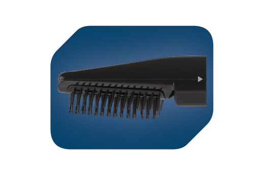 Zbliżenie czarnego narzędzia do stylizacji włosów. Narzędzie ma główkę w kształcie szczotki z czarnym włosiem na niebieskim tle.