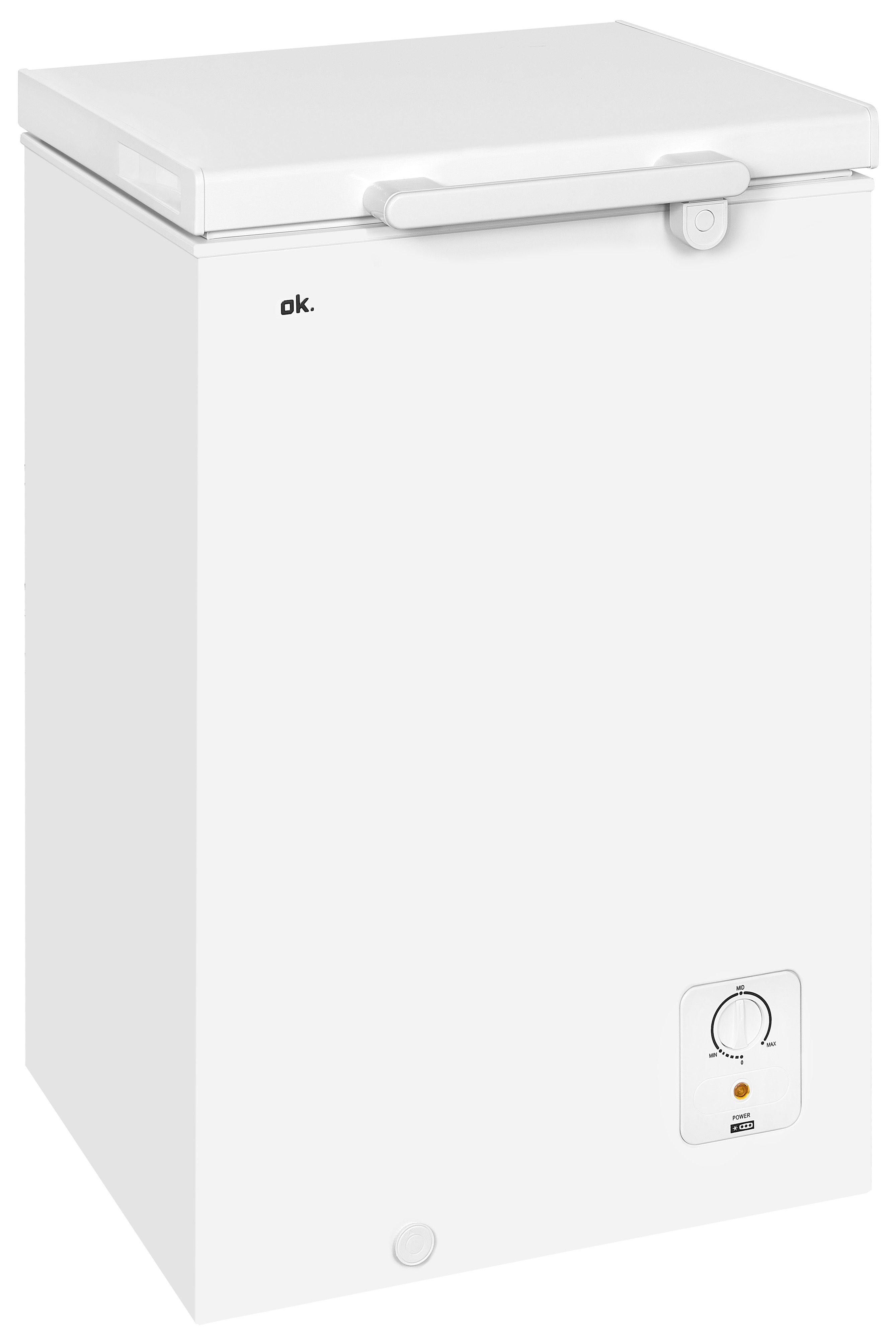 Ein weißer Gefrierschrank. Er hat einen Deckel mit Griff und ein Bedienfeld für Temperatureinstellungen. Die Marke ist ok.