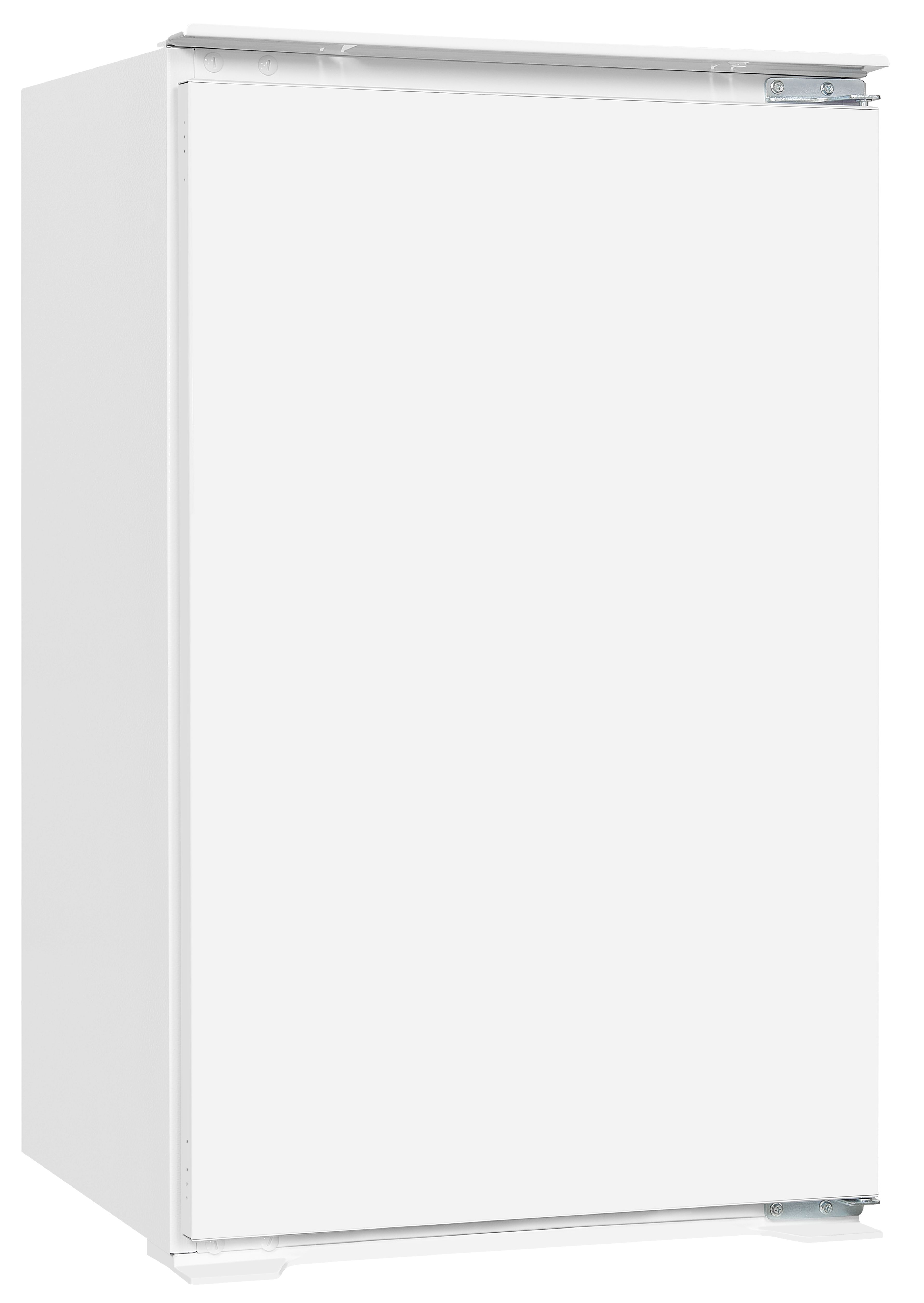 Ein weißer Kühlschrank mit einer einzigen Tür. Details der Scharniere sind sichtbar.