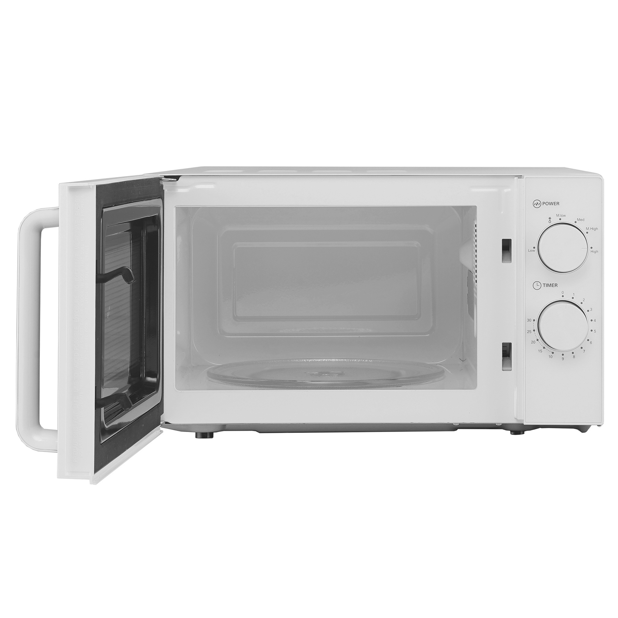 Biała kuchenka mikrofalowa z otwartymi drzwiami. Wewnątrz widoczny szklany talerz. Sterowanie mocą i timerem po prawej.