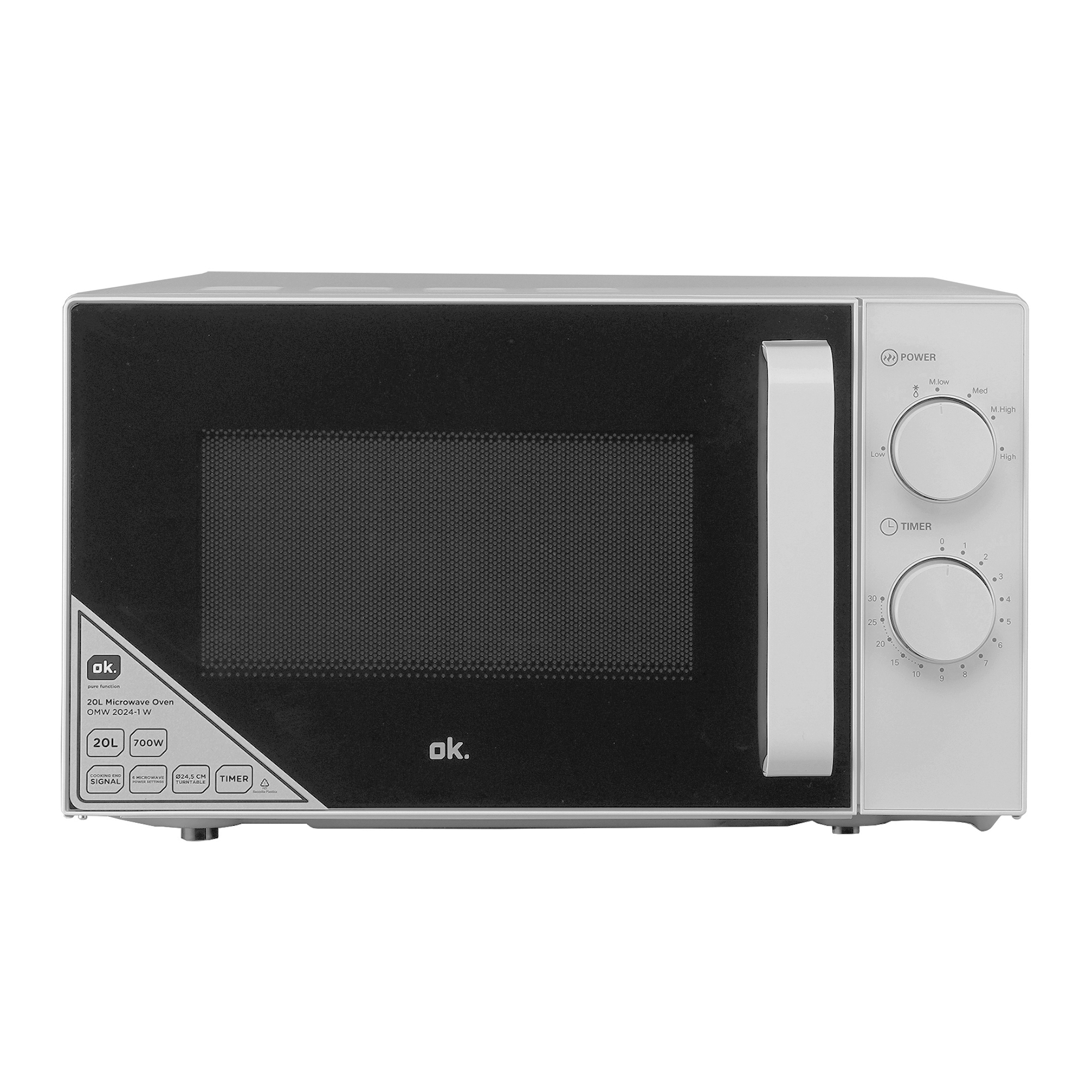 Biała kuchenka mikrofalowa z czarnymi drzwiami. Ma pokrętła do regulacji mocy i timera, widoczna jest marka 'ok.'