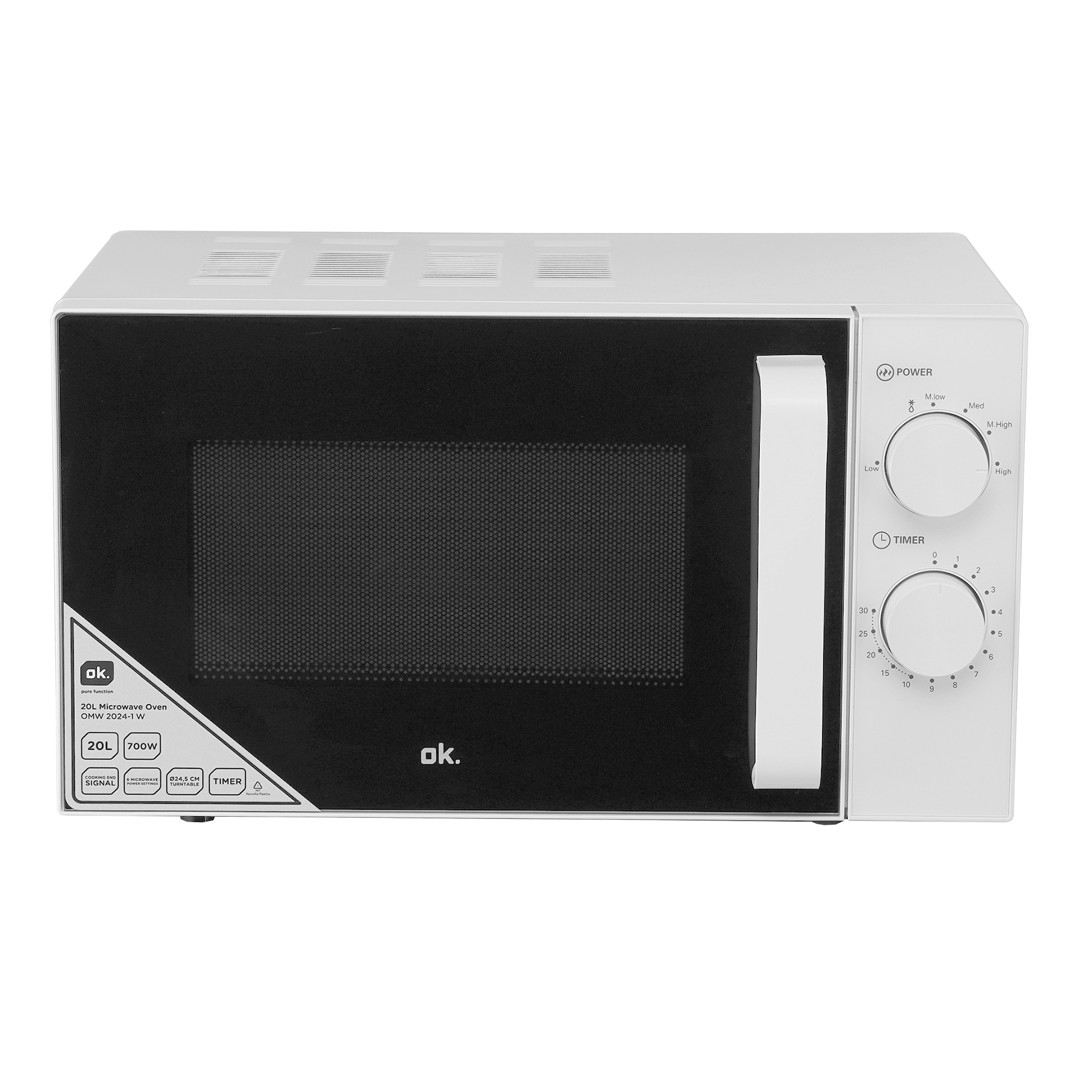 Biała kuchenka mikrofalowa z czarnymi drzwiami, panel sterowania po prawej. Posiada pokrętła zasilania i timera.
