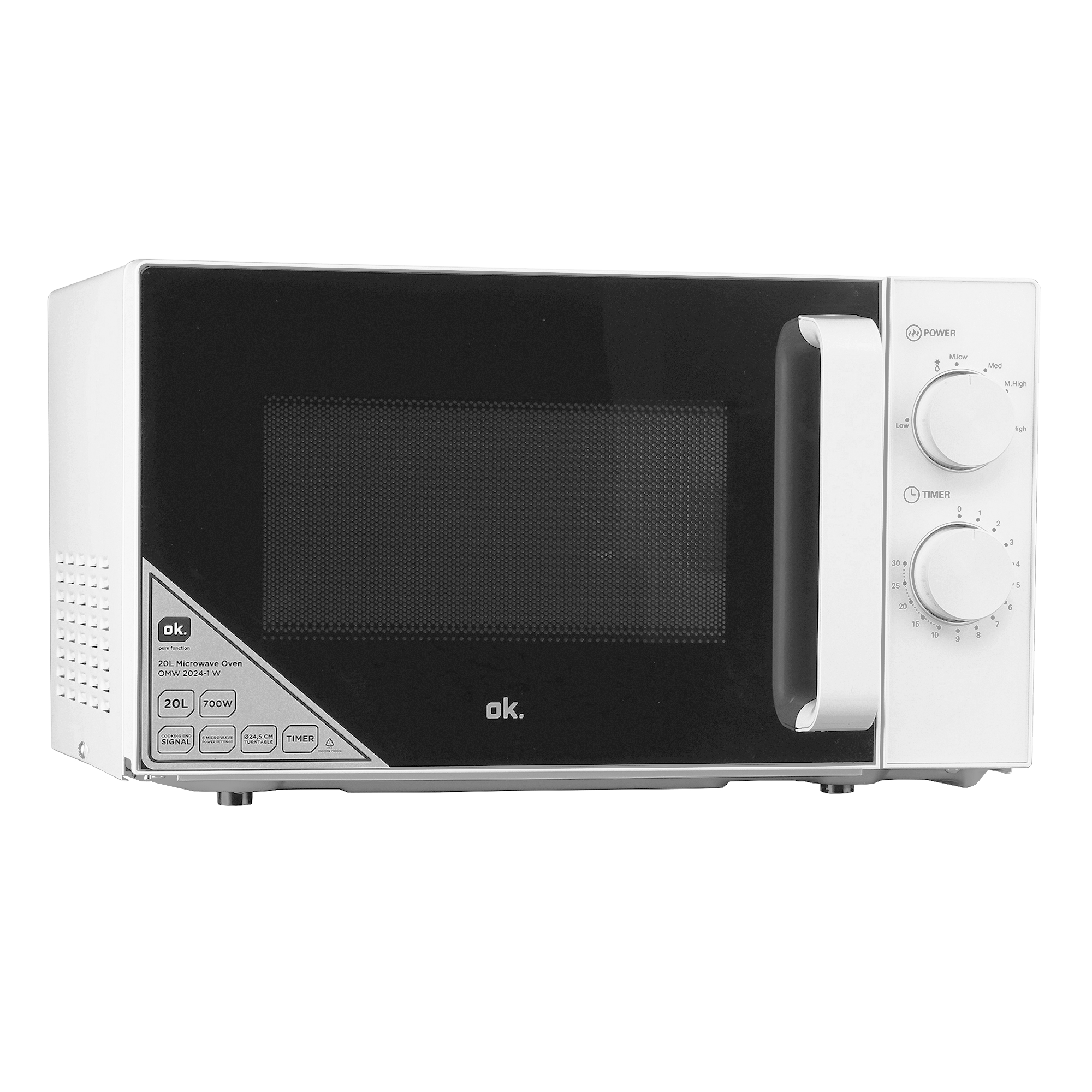 Biała kuchenka mikrofalowa z czarnymi drzwiami i panelem sterowania. Posiada uchwyt i przyciski.