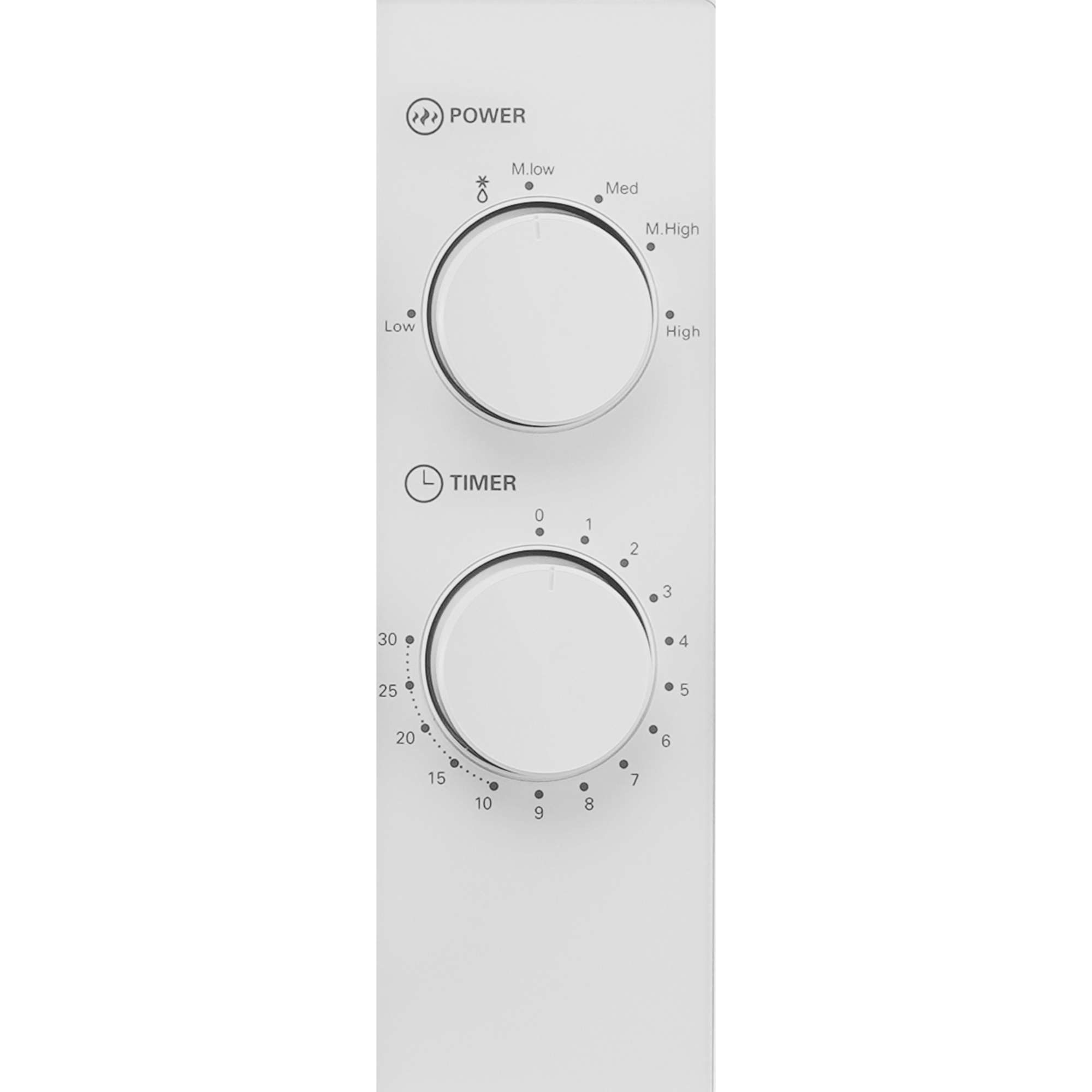 Biały panel kuchenki mikrofalowej z pokrętłami zasilania i timera. Ustawienia zasilania: Niskie, M.Niskie, Średnie, M.Wysokie, Wysokie. Timer 0-30 minut.