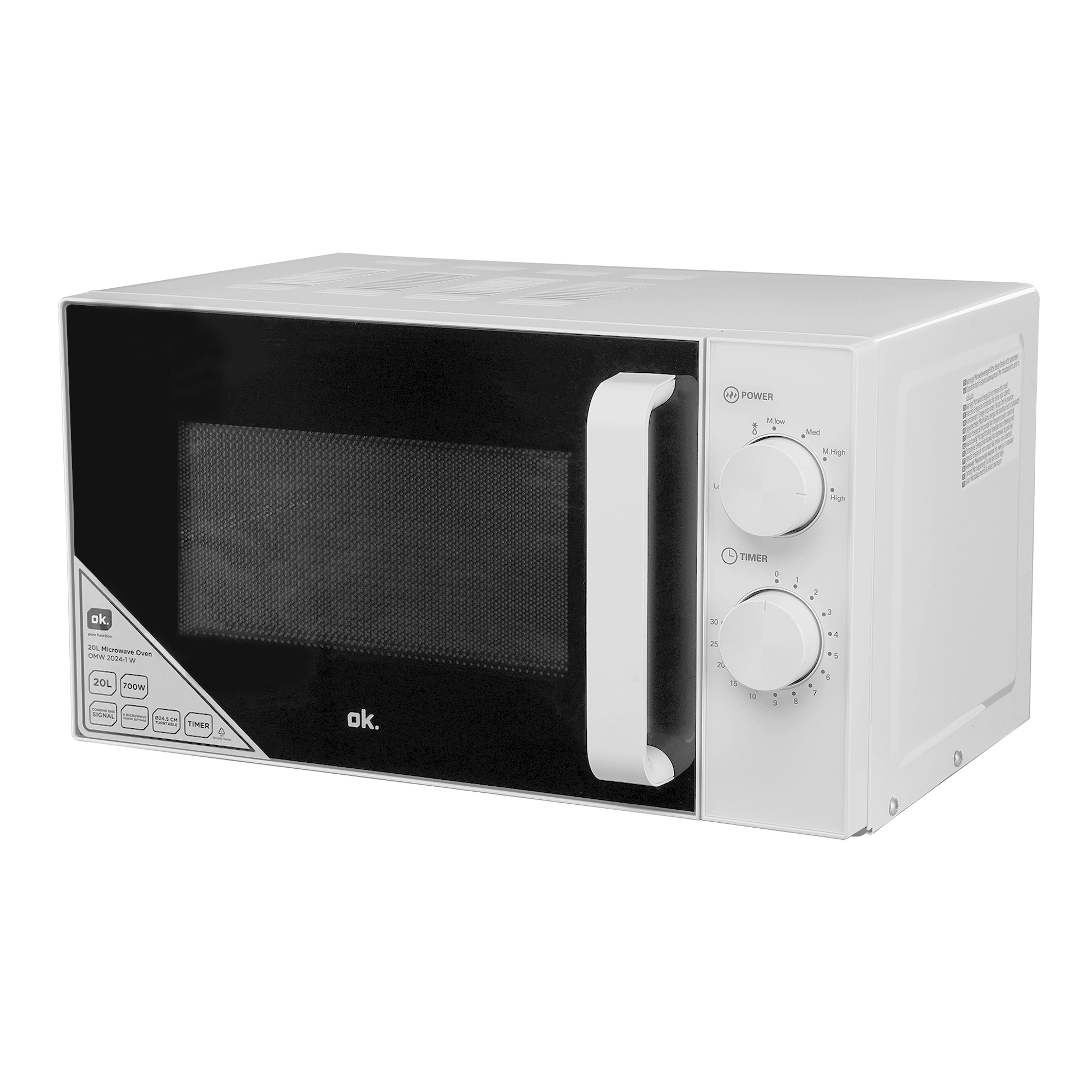 Biała kuchenka mikrofalowa OK. Ma czarne drzwi, biały uchwyt i pokrętła sterowania po prawej stronie.
