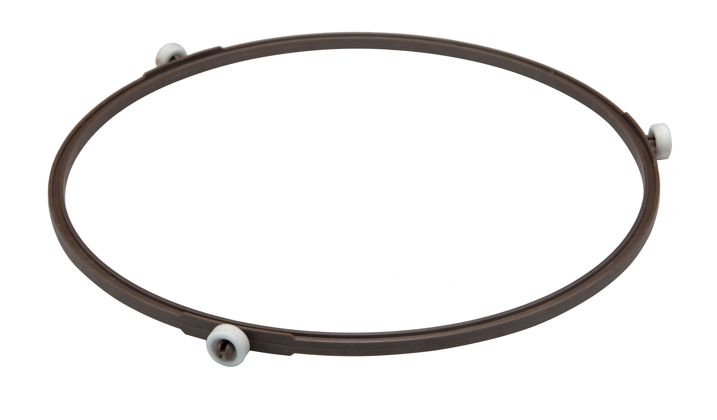 Okrągły, brązowy pierścień obrotowy do kuchenki mikrofalowej z trzema białymi rolkami, na białym tle.