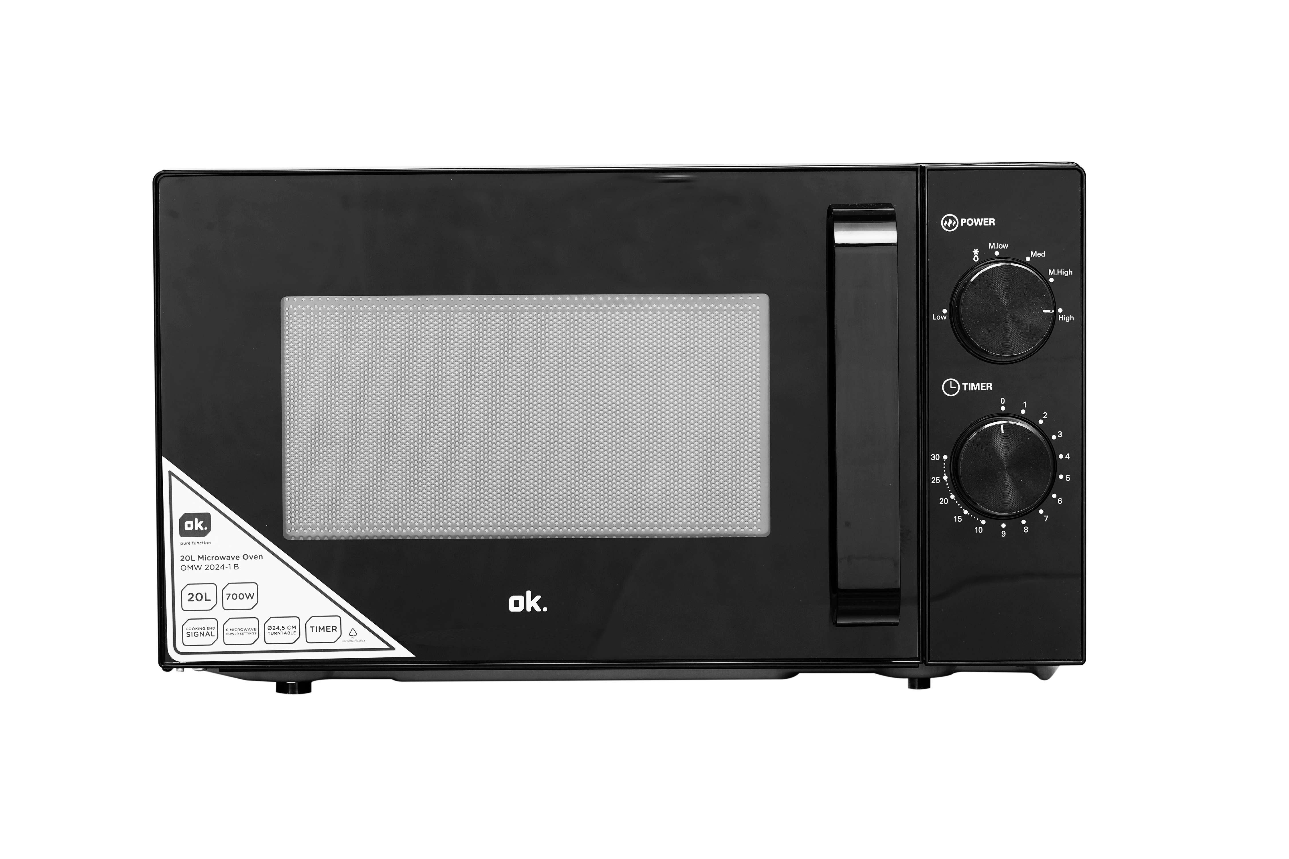 Czarny piekarnik mikrofalowy z elementami sterującymi po prawej stronie. Ma uchwyt, pokrętło zasilania i timera oraz drzwi.