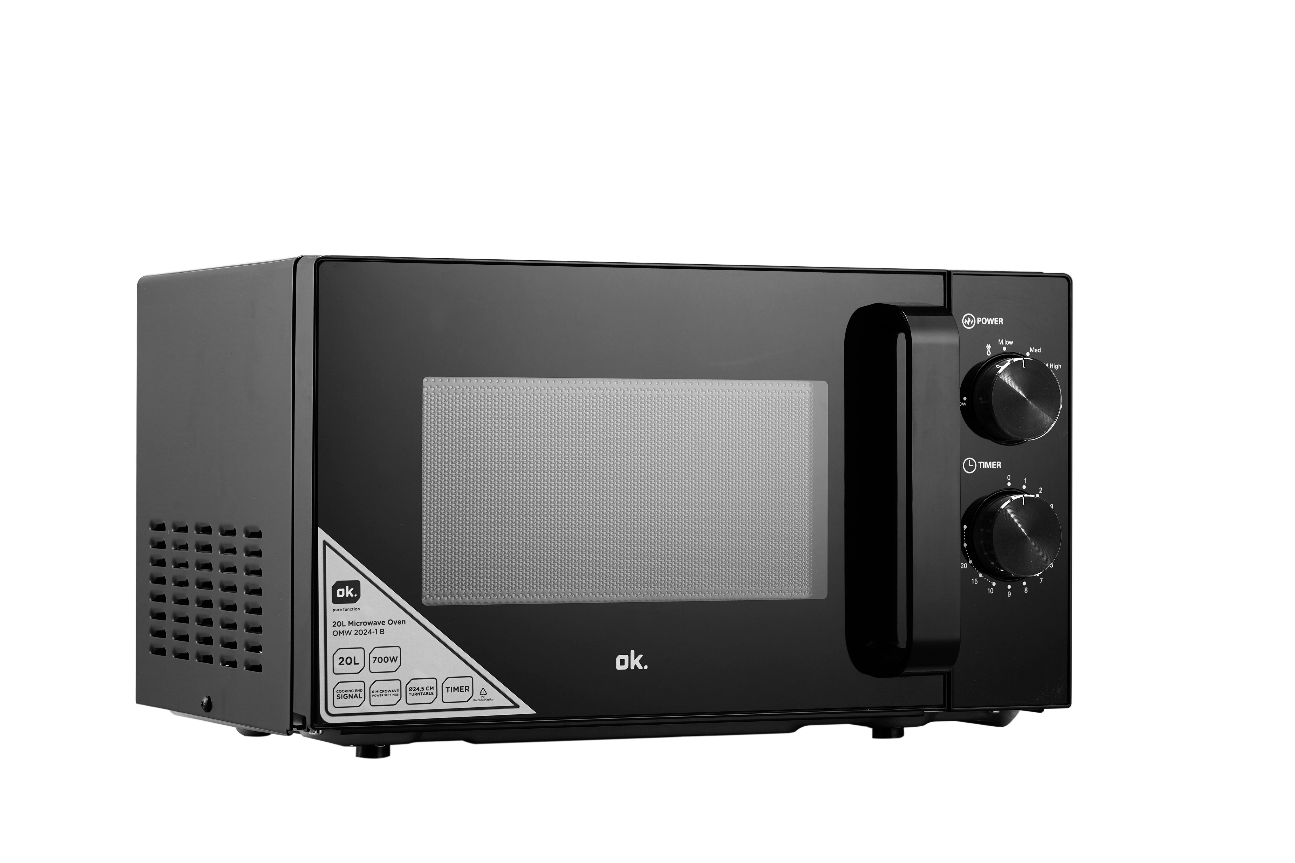 Czarna kuchenka mikrofalowa marki 'ok.', z pokrętłami do sterowania mocą i timerem, na białym tle.