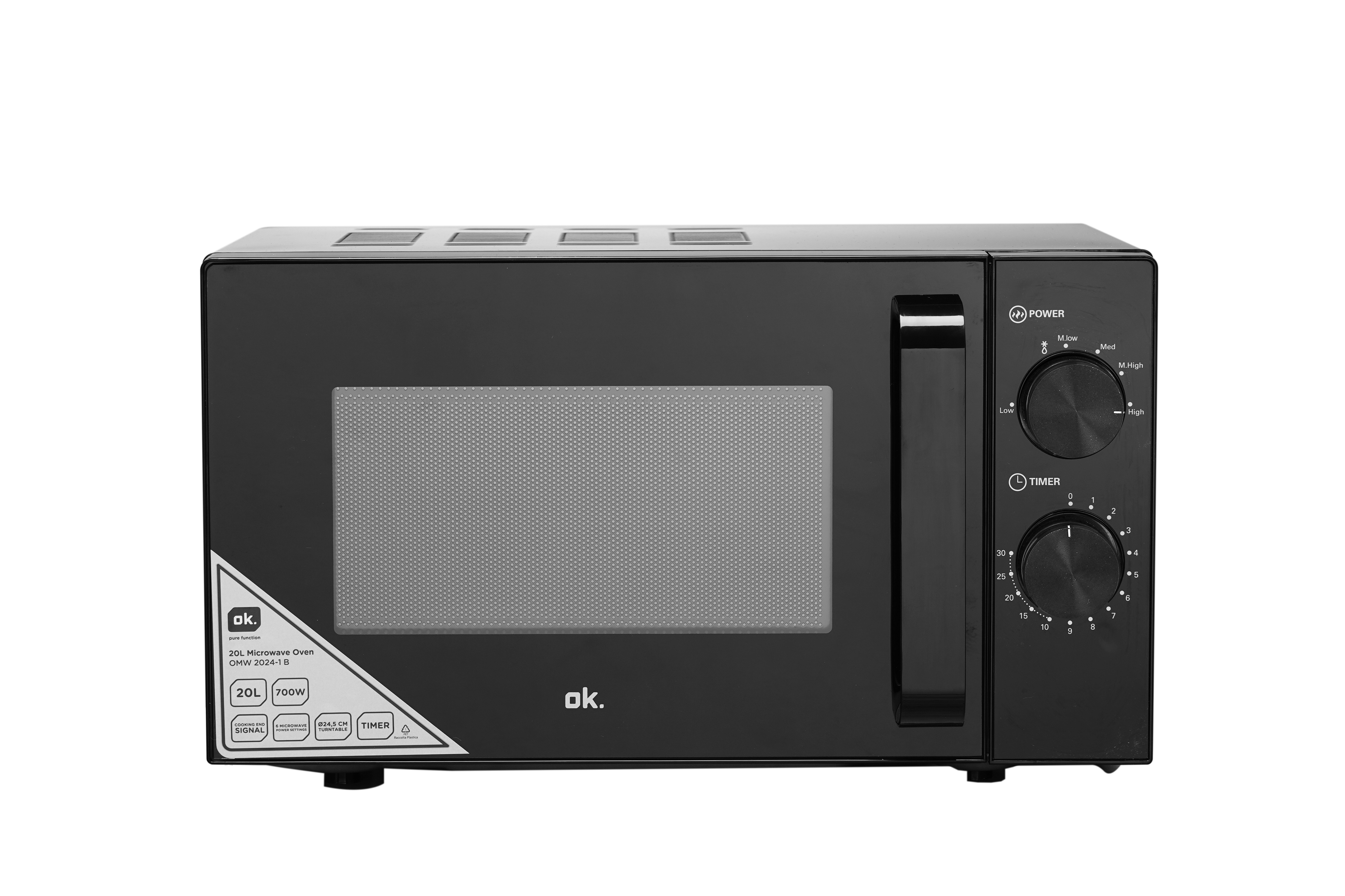 Czarna kuchenka mikrofalowa z panelem sterowania po prawej stronie. Ma szklane drzwi i logo 'ok'.