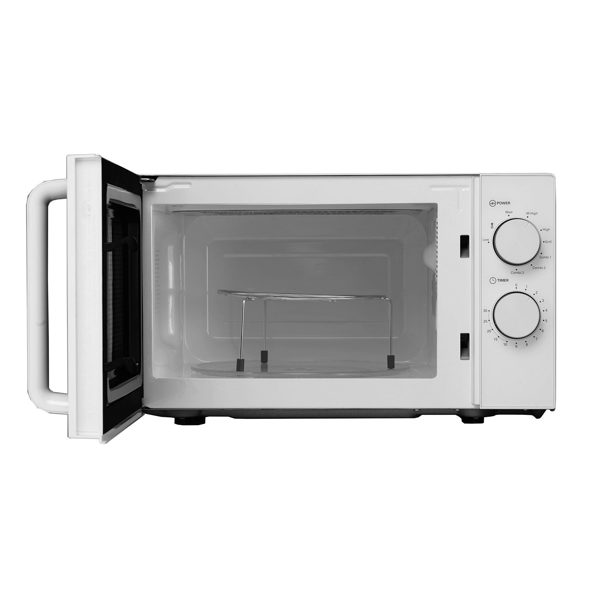 Biała kuchenka mikrofalowa z otwartymi drzwiami. W środku metalowy ruszt. Po prawej stronie znajdują się elementy sterowania mocą i timerem.