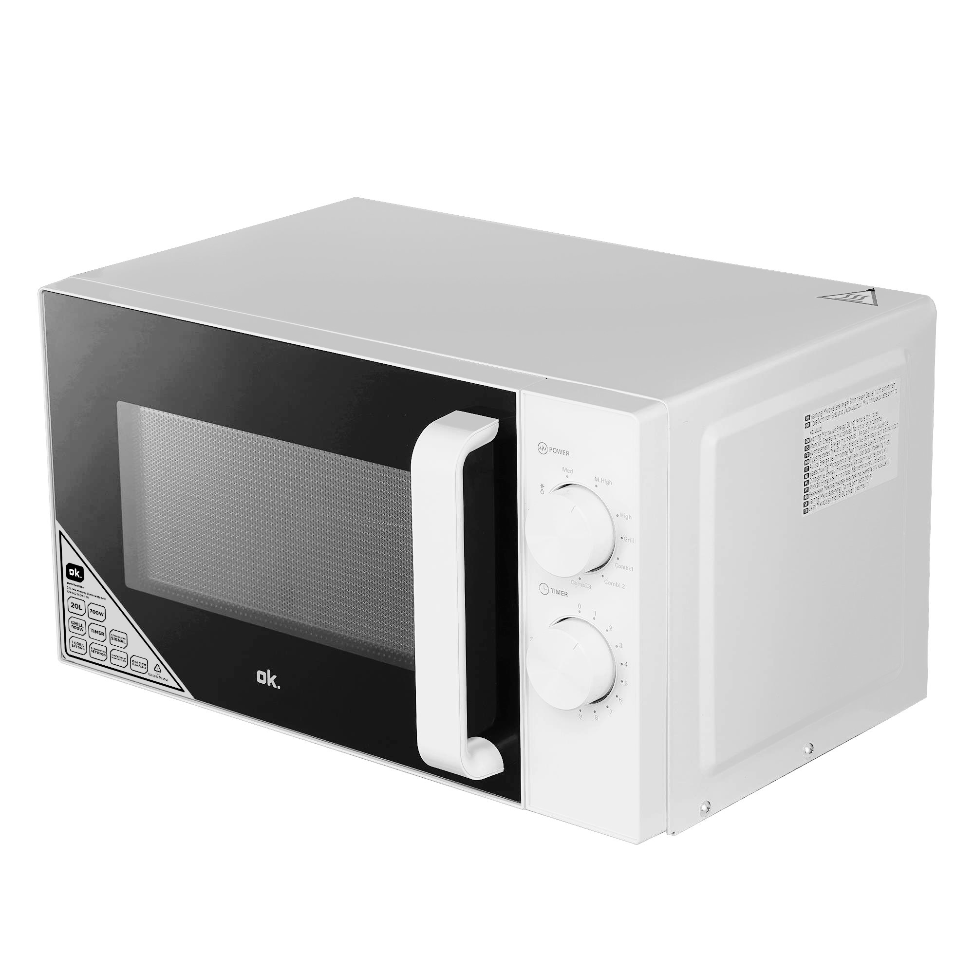 Biała kuchenka mikrofalowa 'ok.'. Ma czarne drzwi, biały uchwyt i panel sterowania z pokrętłami.