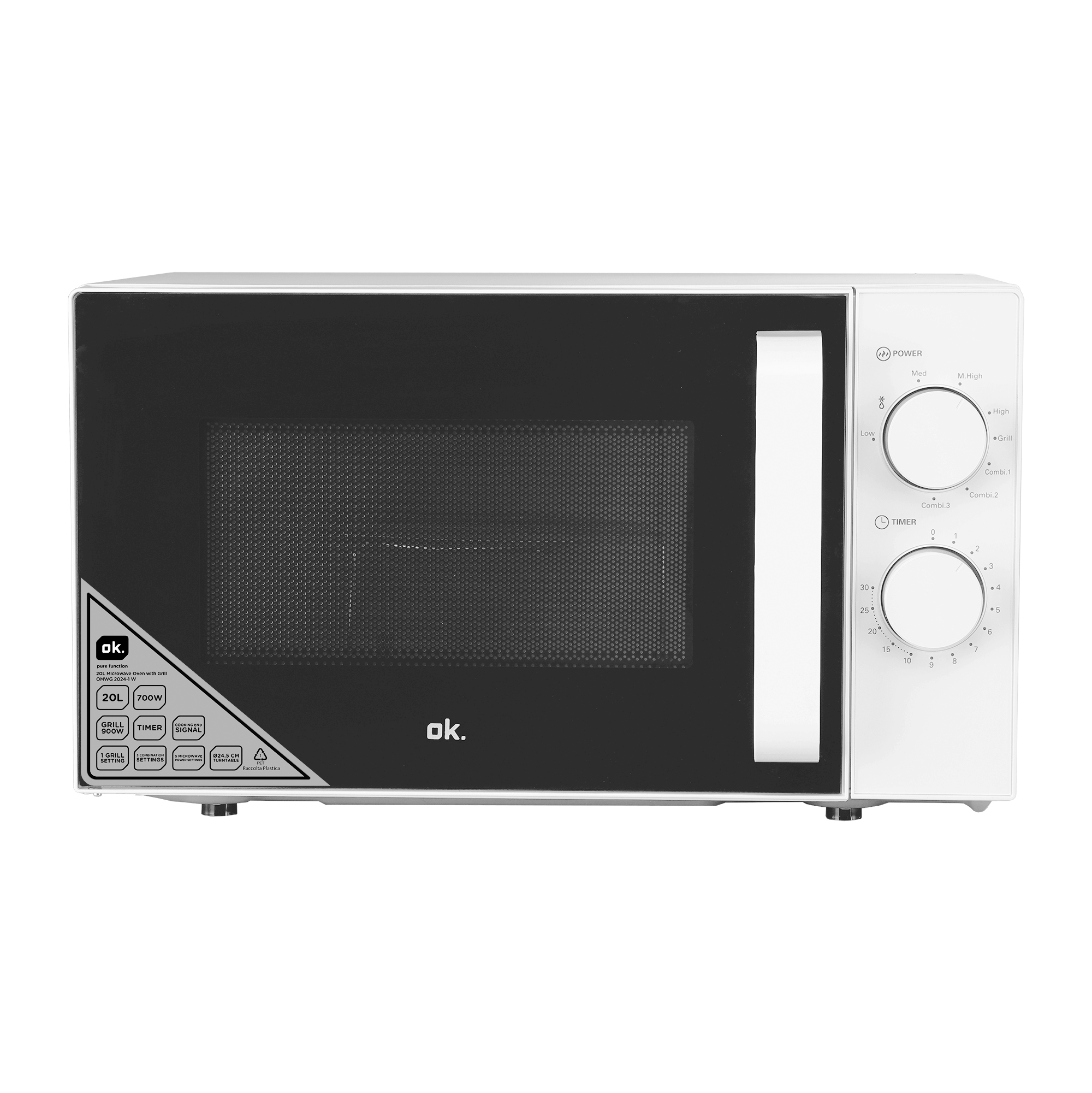 Biała kuchenka mikrofalowa z czarnymi drzwiami i panelem sterowania po prawej stronie. Posiada pokrętła zasilania i timera.