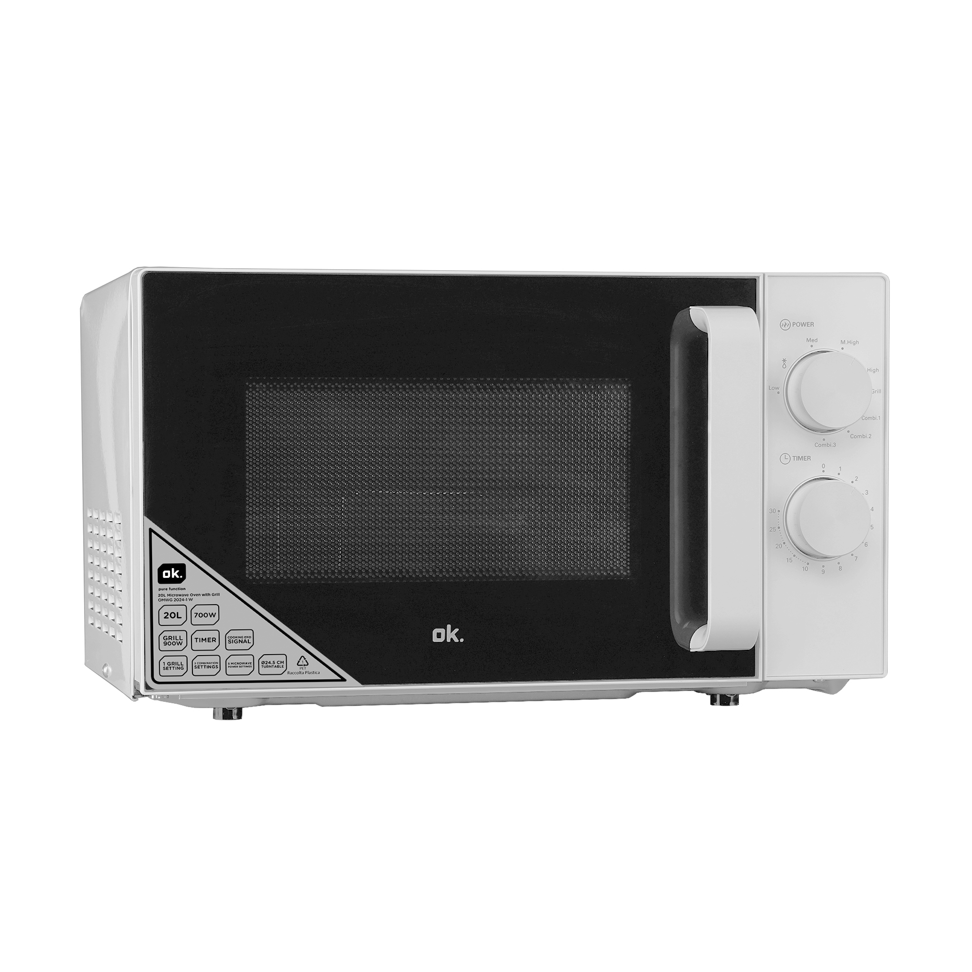 Biała kuchenka mikrofalowa z czarnymi drzwiami i panelem sterowania. Posiada uchwyt oraz ustawienia timera i mocy.