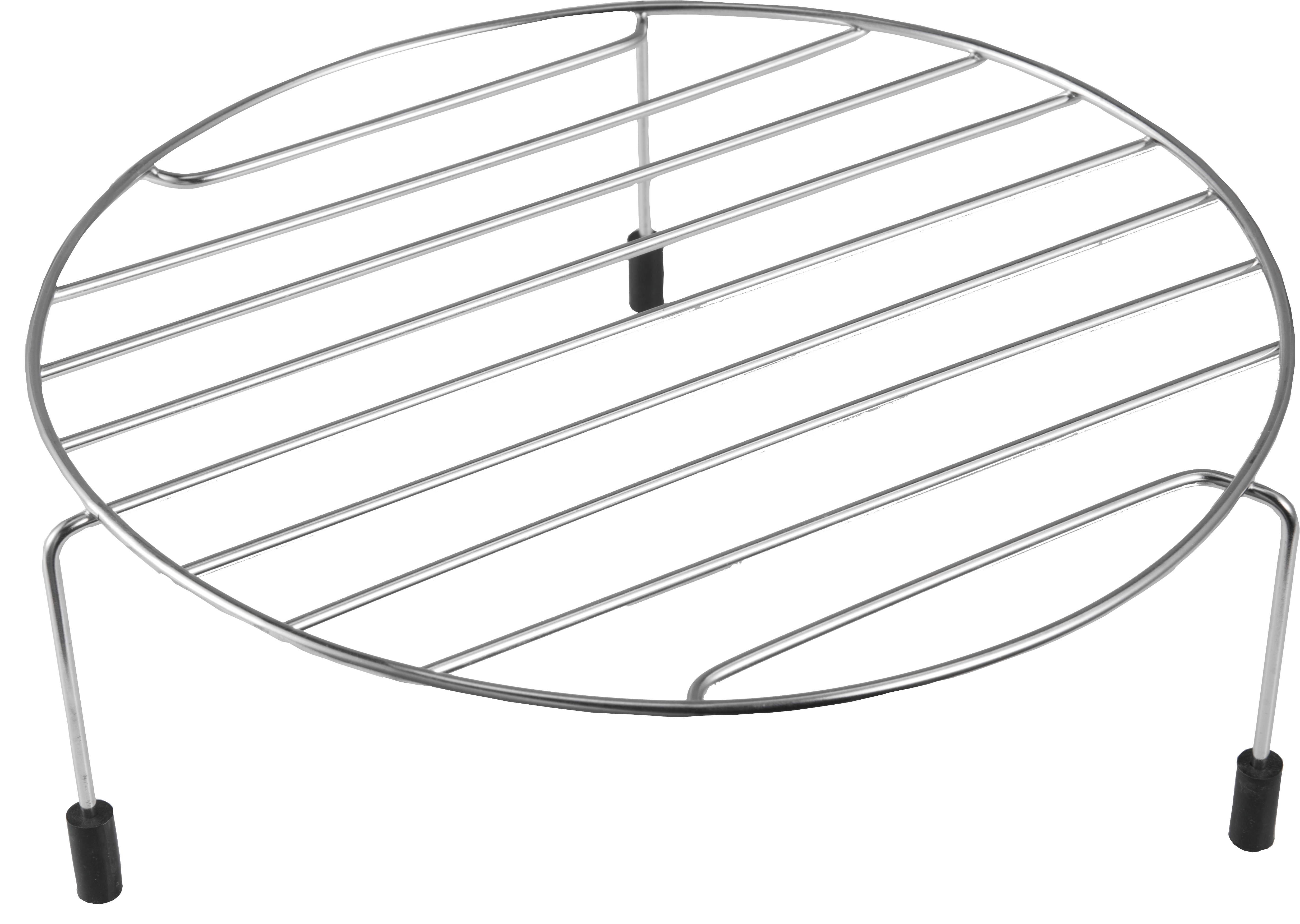 Okrągły, metalowy ruszt z poziomymi prętami. Ma dwie nogi z czarnymi gumowymi końcówkami.