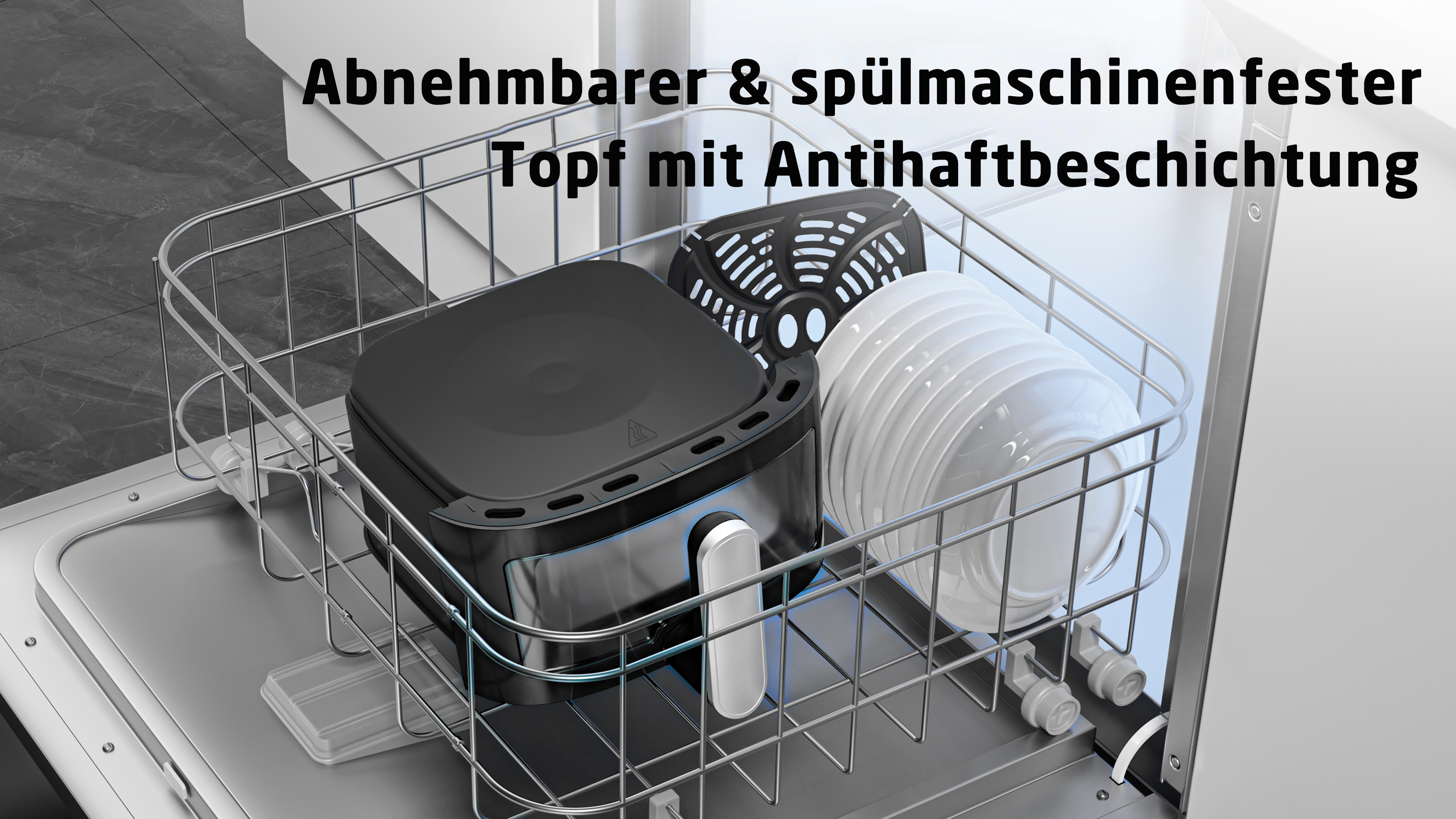Geschirrspüler mit schwarzer Heißluftfritteuse, weißen Tellern und schwarzem Zubehör. Friteuse und Teller in einem Metallgestell.