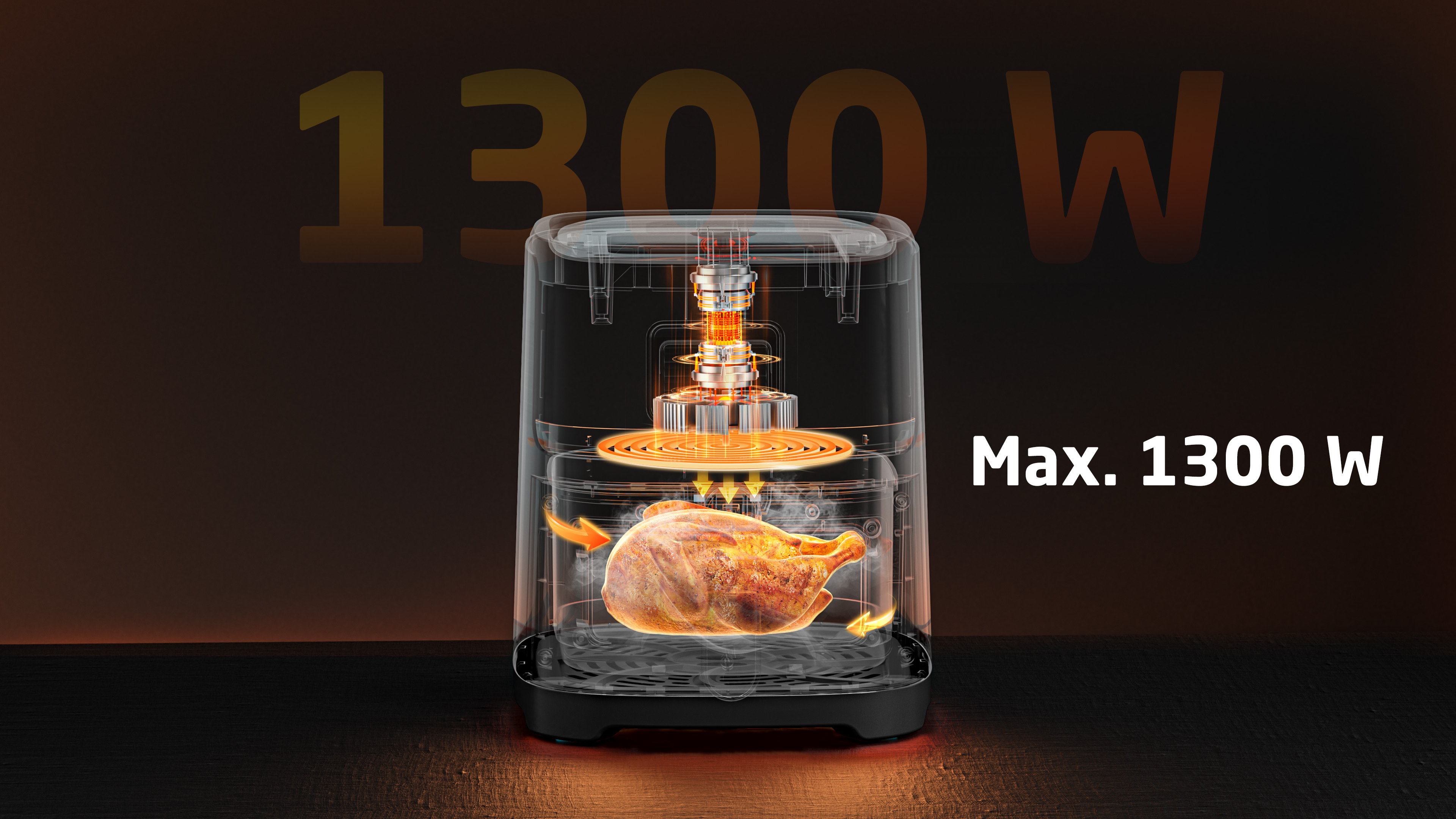 Eine Heißluftfritteuse mit einem gegarten Huhn, das Heizelemente zeigt, und dem Text Max. 1300 W.
