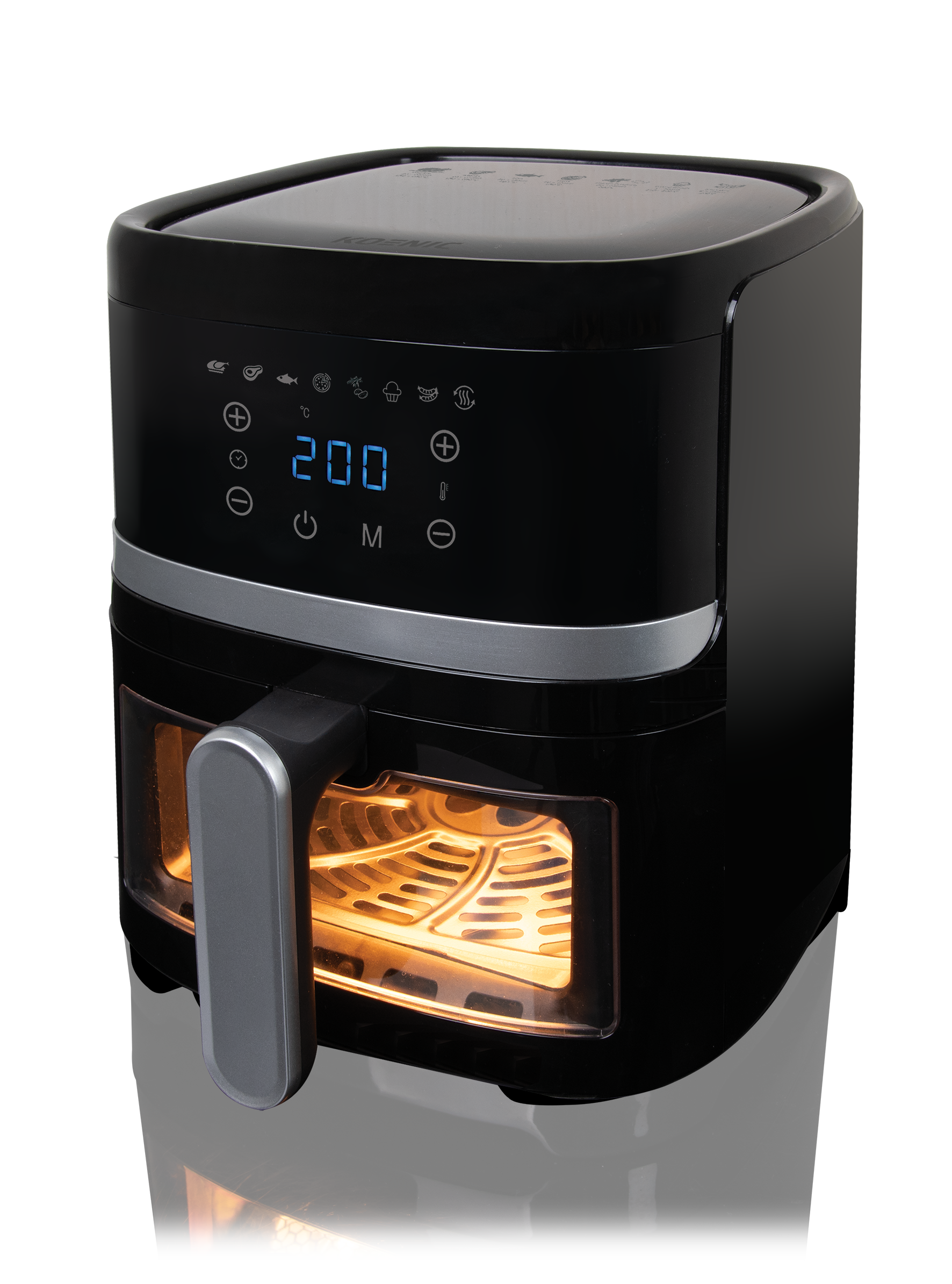 Schwarze Heißluftfritteuse mit digitaler Anzeige. Die Innenseite leuchtet warm. Griff an der Seite.