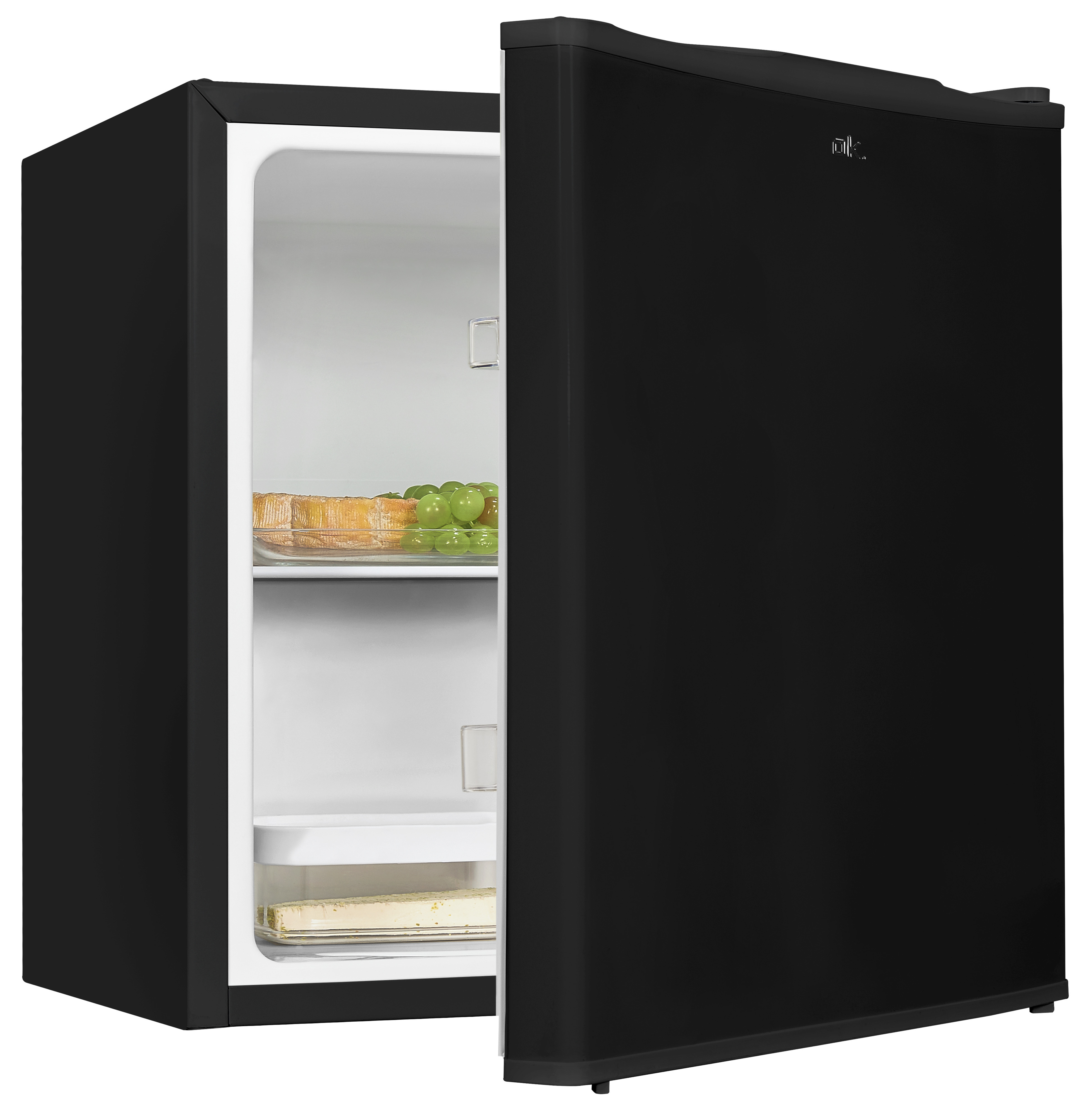 Schwarzer Mini-Kühlschrank mit offener Tür. Im Inneren befinden sich Regale mit Lebensmitteln, darunter Trauben und Kuchen. Die Tür ist offen.