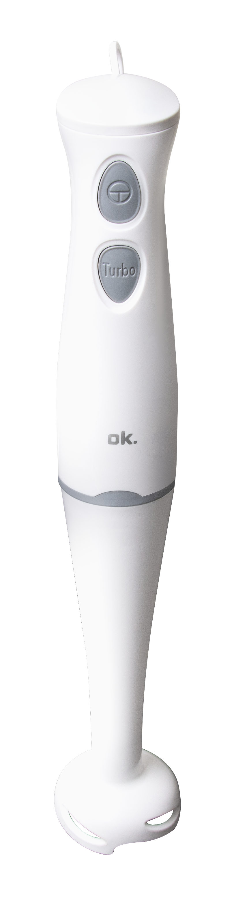 Biały blender ręczny z szarymi przyciskami z napisem 'Turbo' i symbolem zasilania.