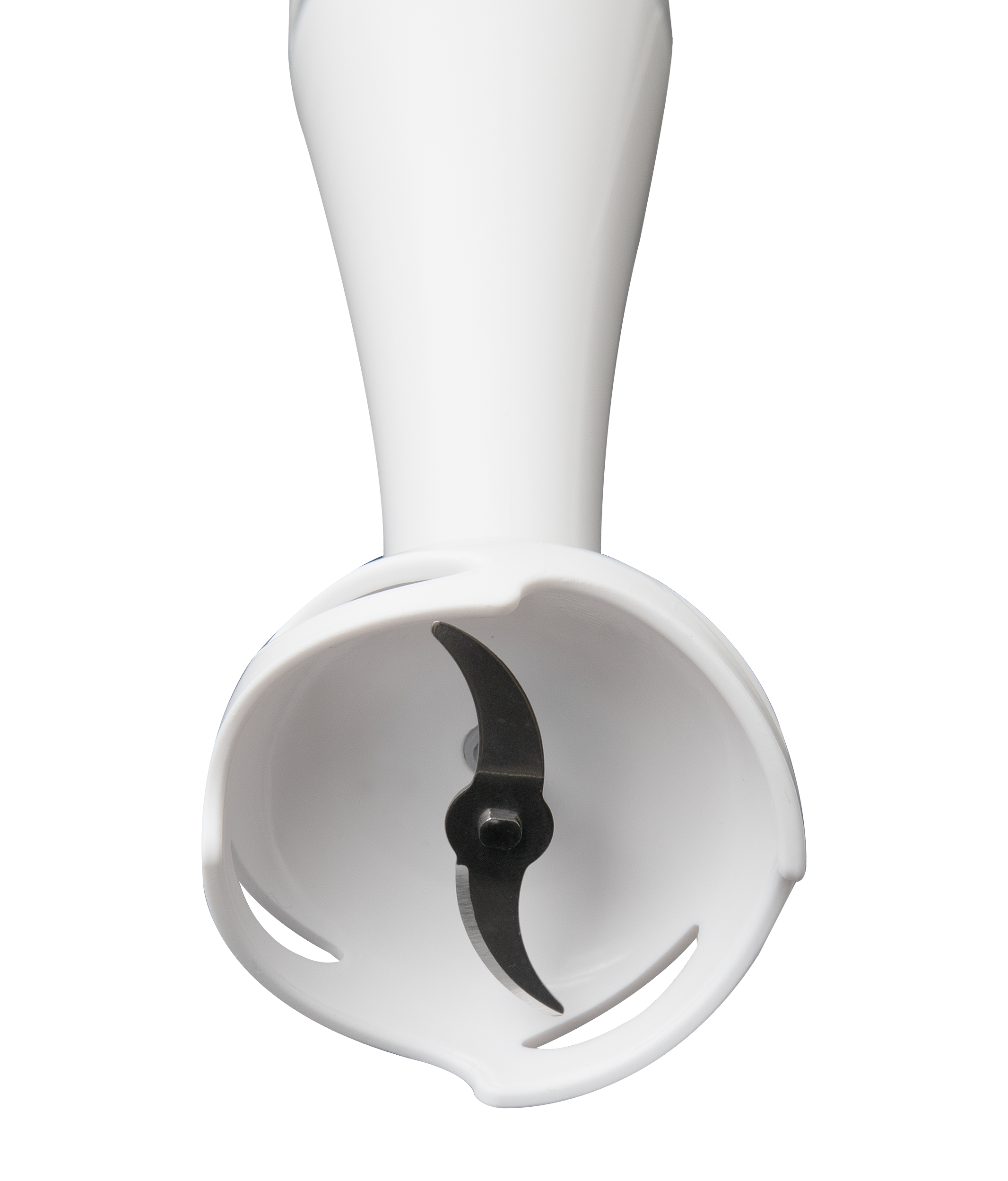 Zbliżenie białej głowicy blendera ręcznego z czarnym ostrzem. Tło jest szare.