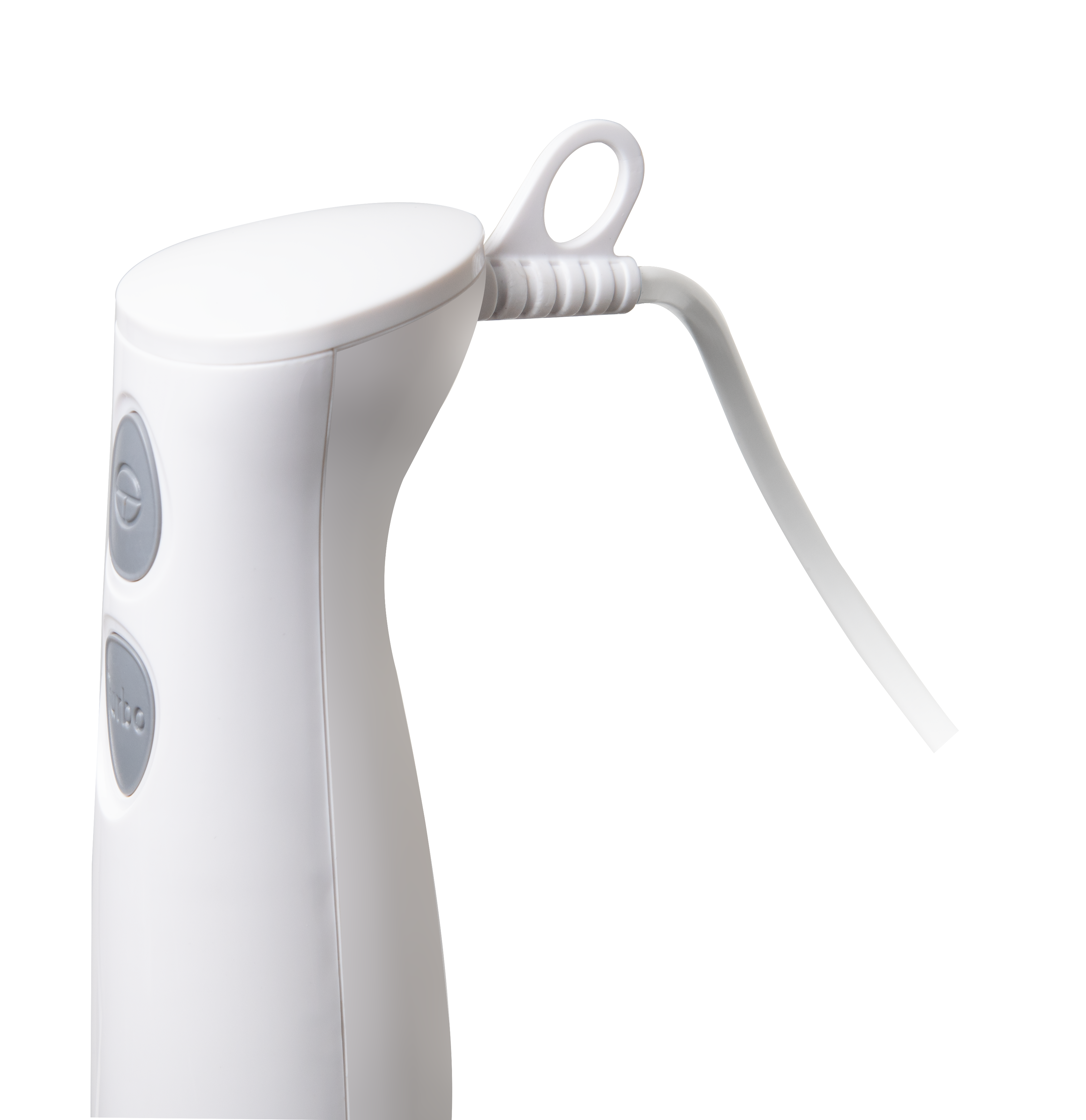 Zbliżenie białego blendera ręcznego. Pokazuje korpus z przyciskami, pętlą i kablem.