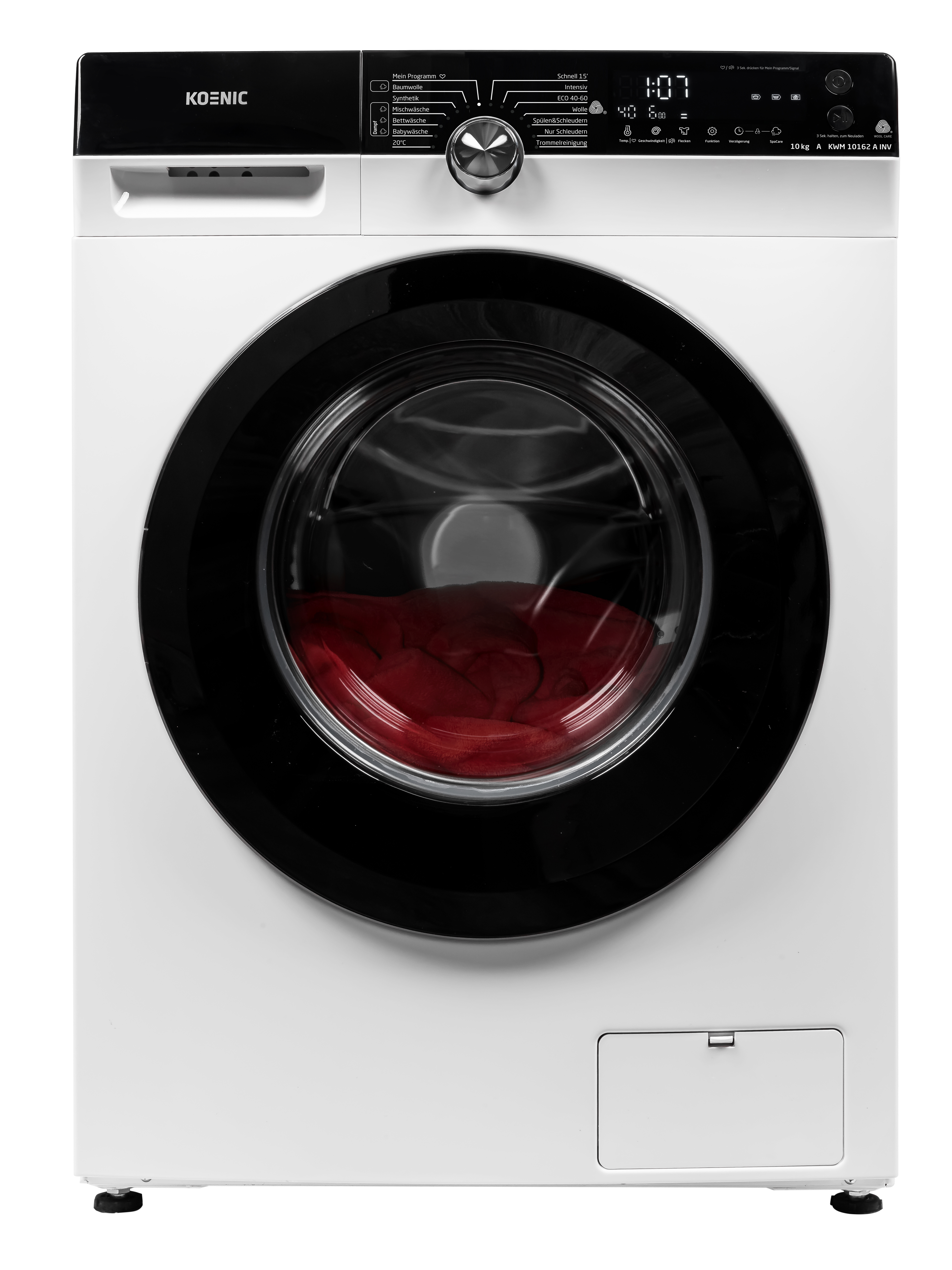 Eine weiße Waschmaschine mit schwarzer Tür. Rote Kleidung ist durch die Tür sichtbar.