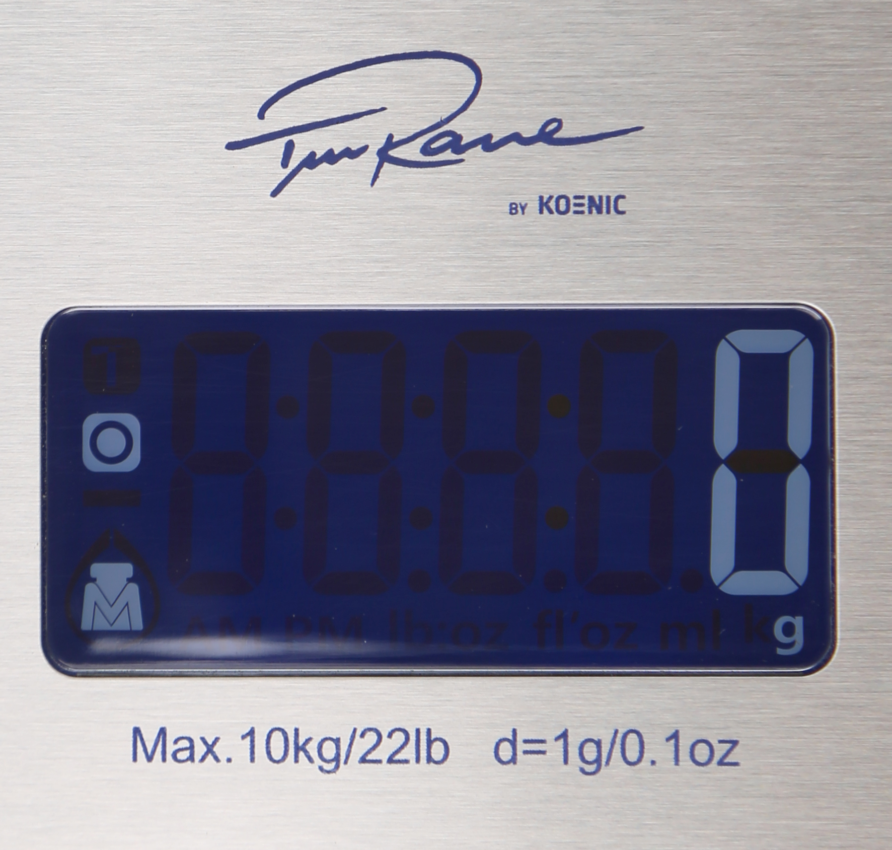 Eine digitale Küchenwaage mit blauem Display, das Null anzeigt. Der Markenname und das maximale Gewicht sind ebenfalls sichtbar.