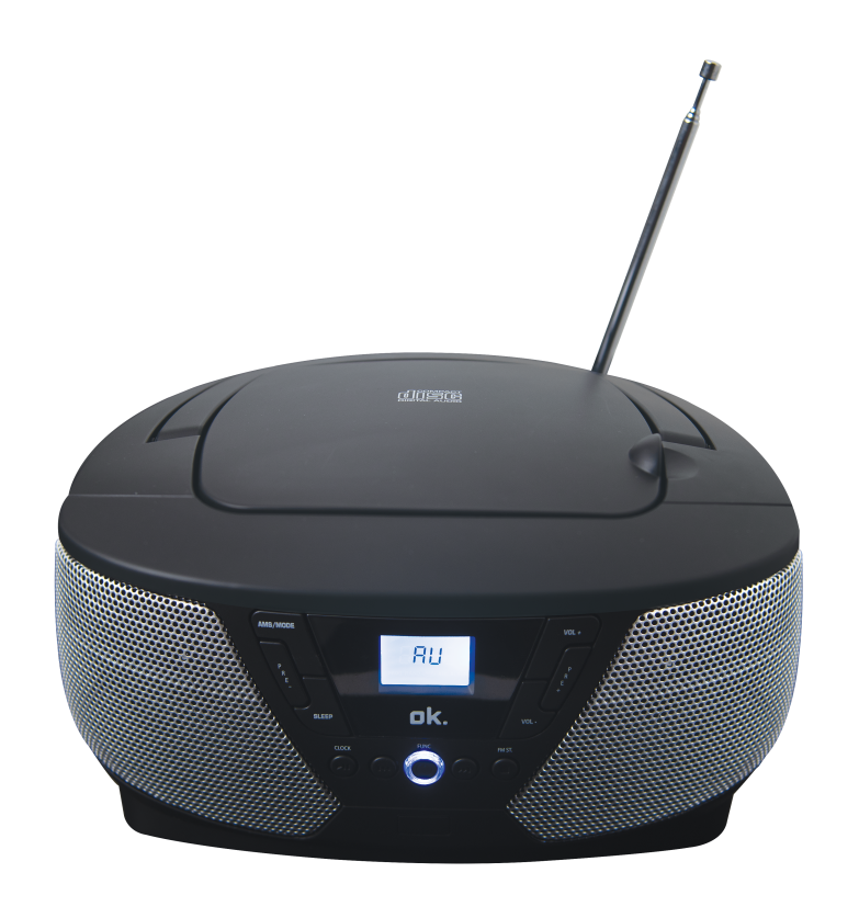 Ein schwarzes OK.-Radio mit CD-Player, silbernen Lautsprechergittern und einer Antenne. Das Display zeigt 'AU'. Der Hintergrund ist schwarz.